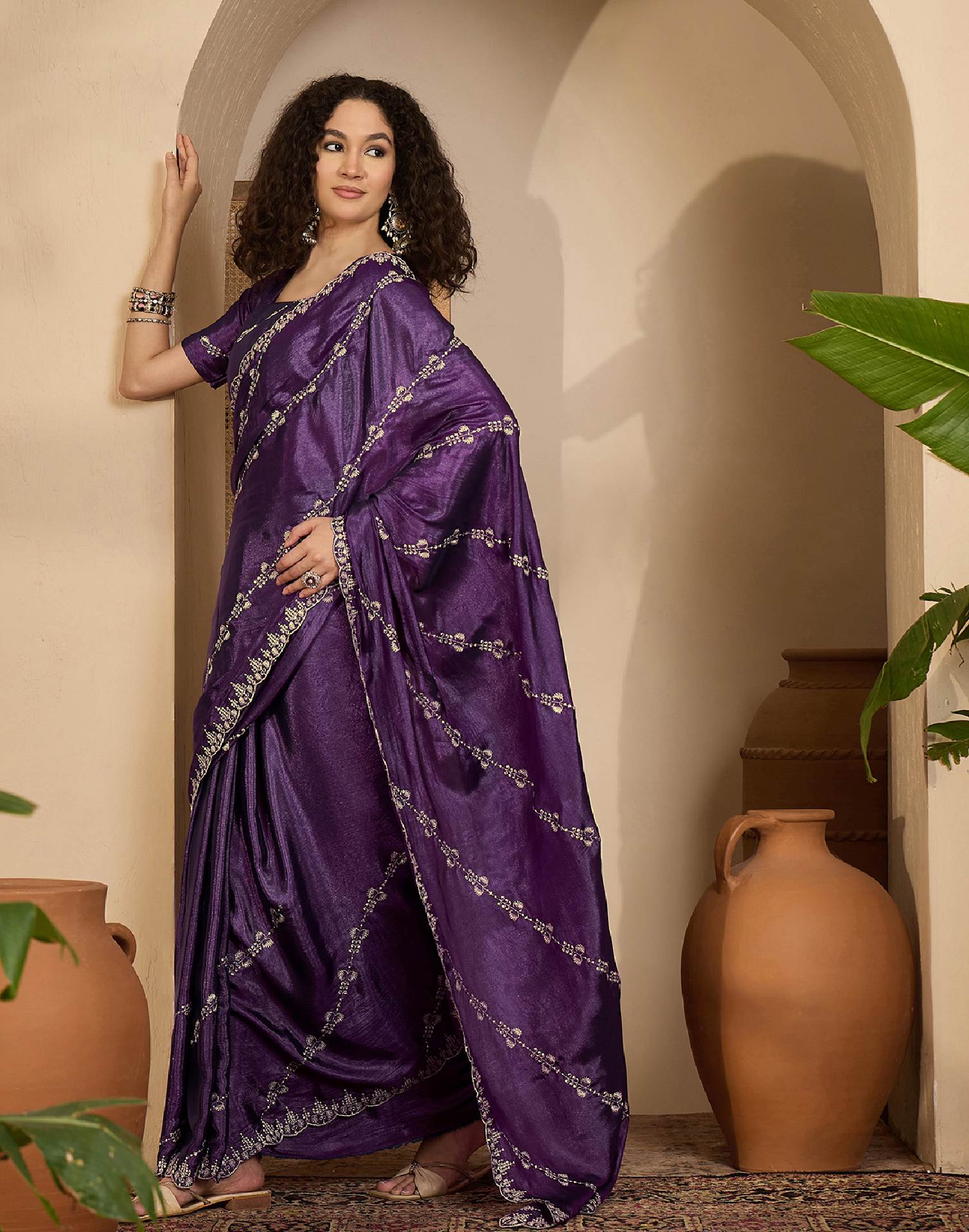 Dark Purple Georgette Embroidery Saree