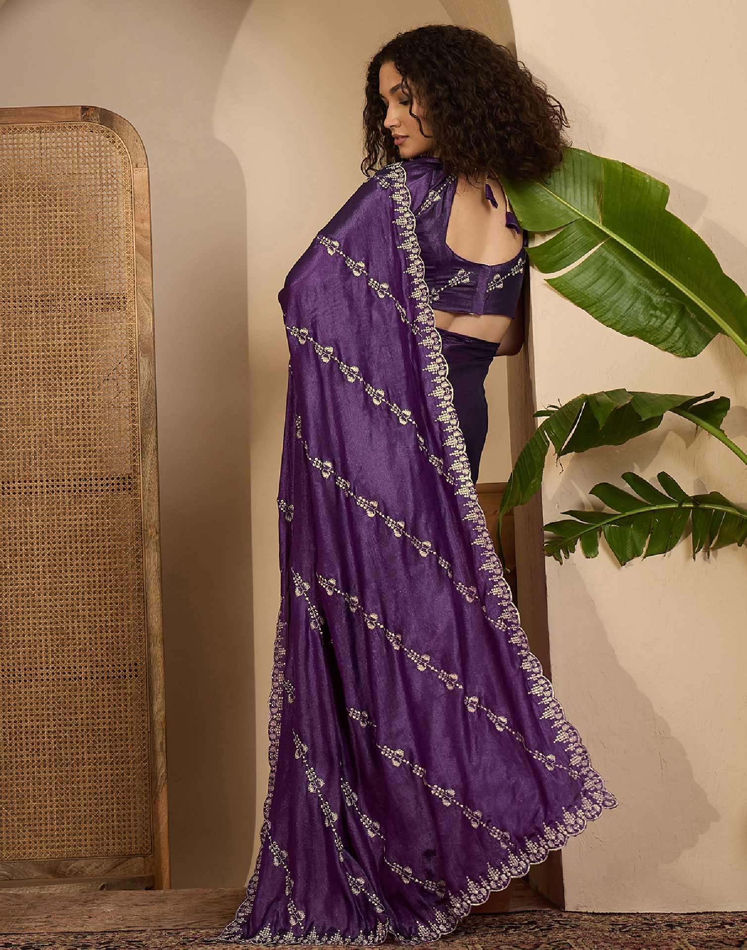 Dark Purple Georgette Embroidery Saree