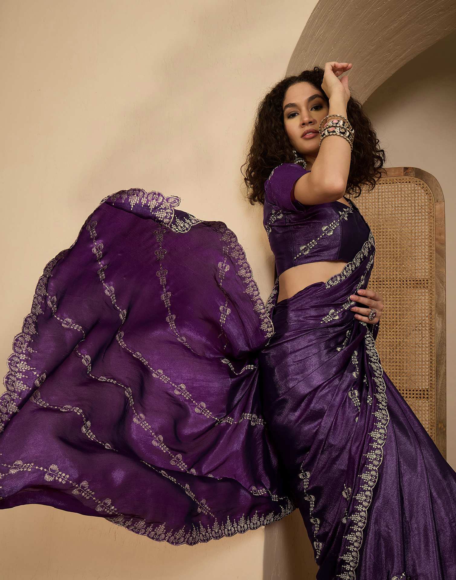 Dark Purple Georgette Embroidery Saree
