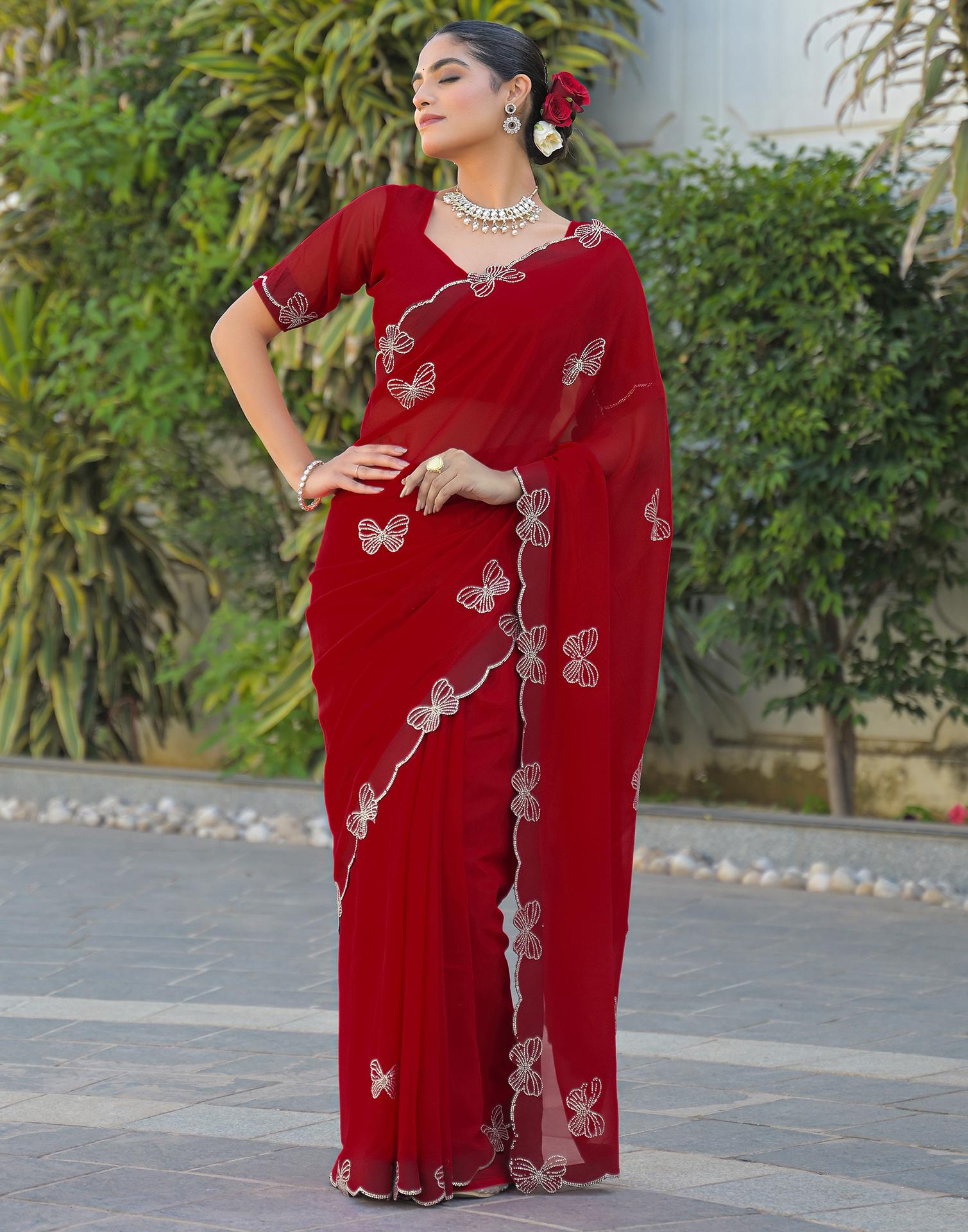 Red Georgette Stone Work Swarovski saree