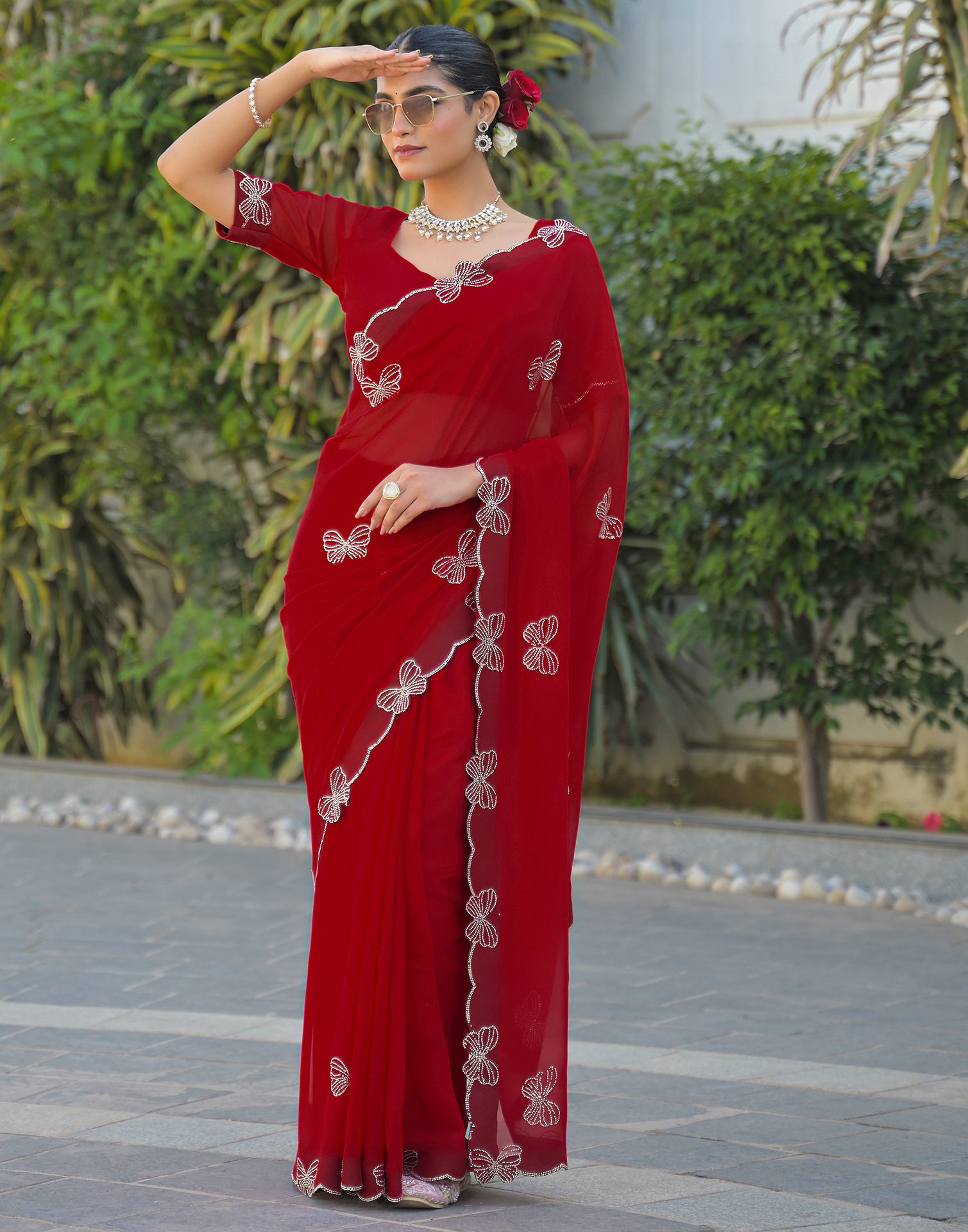 Red Georgette Stone Work Swarovski saree