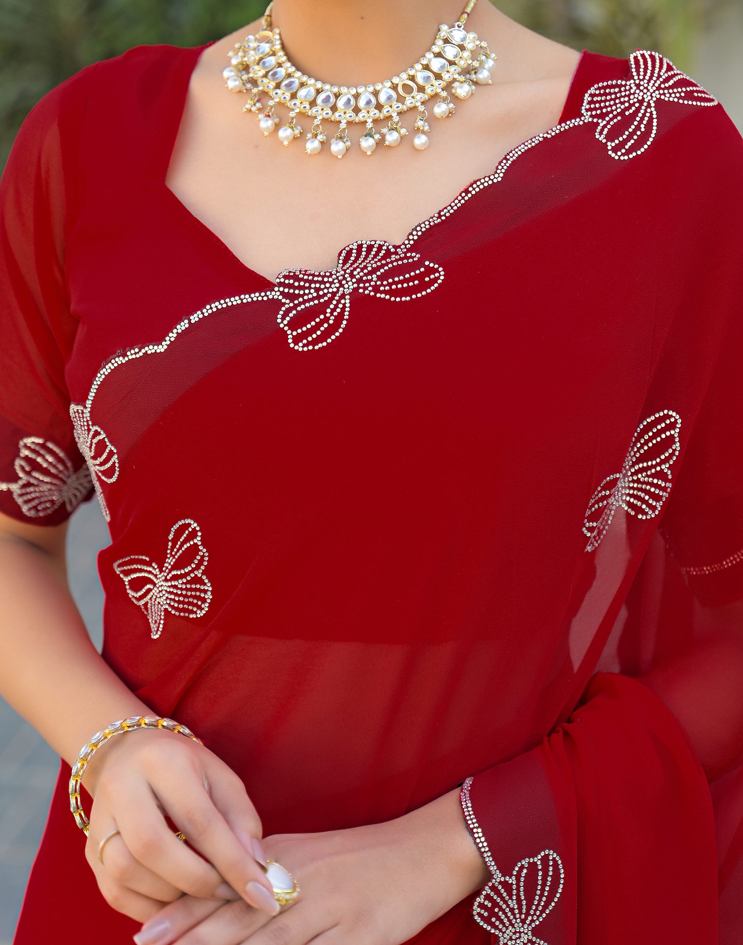 Red Georgette Stone Work Swarovski saree