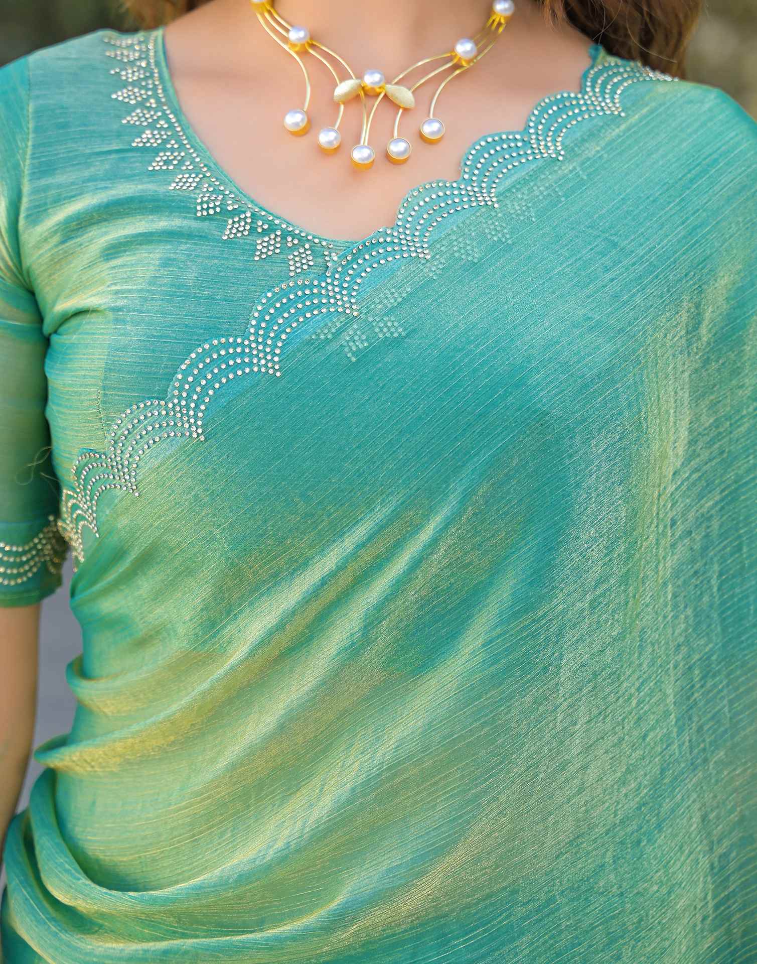Mint Green Shimmer Chiffon Stone Work Swarovski saree