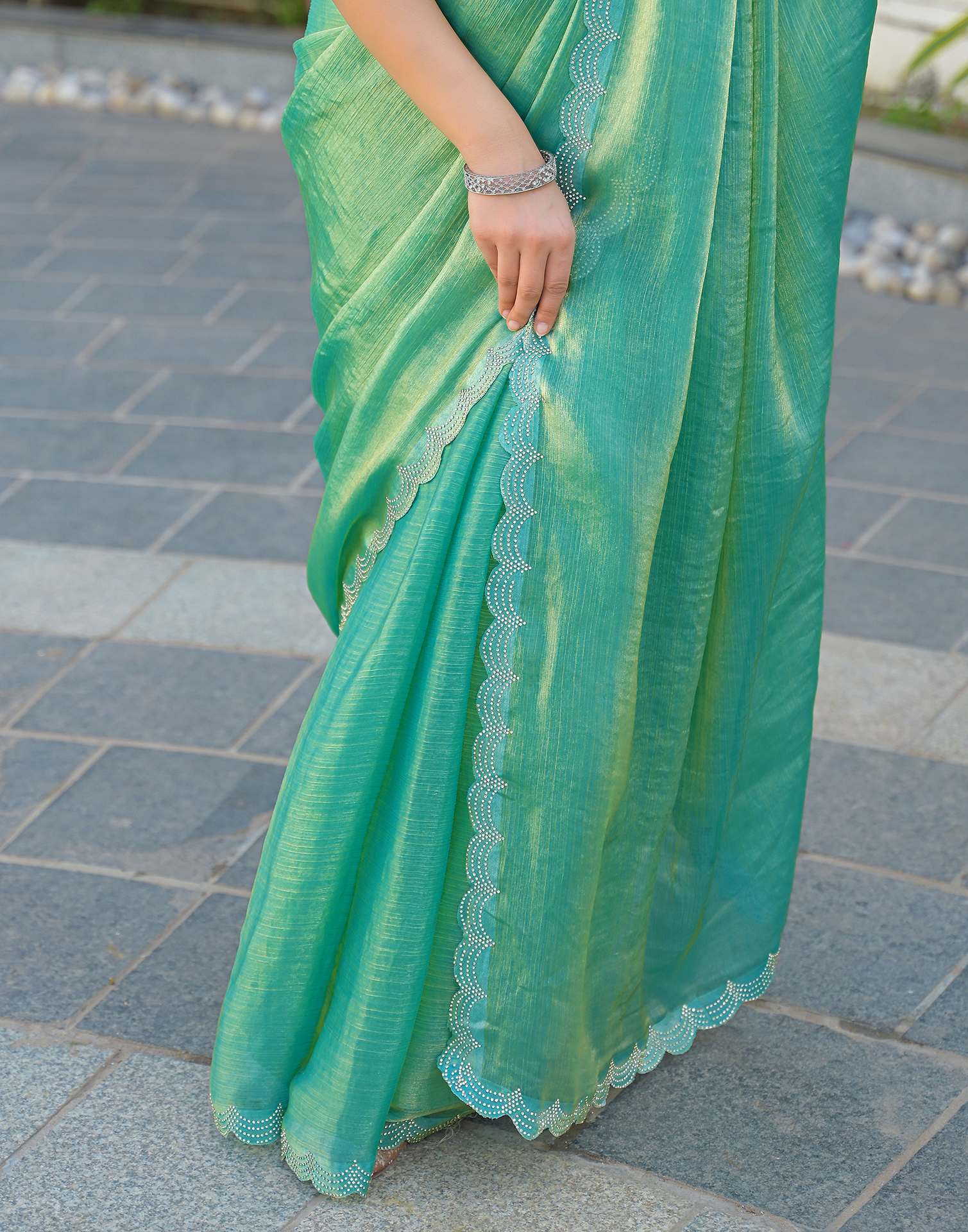Mint Green Shimmer Chiffon Stone Work Swarovski saree