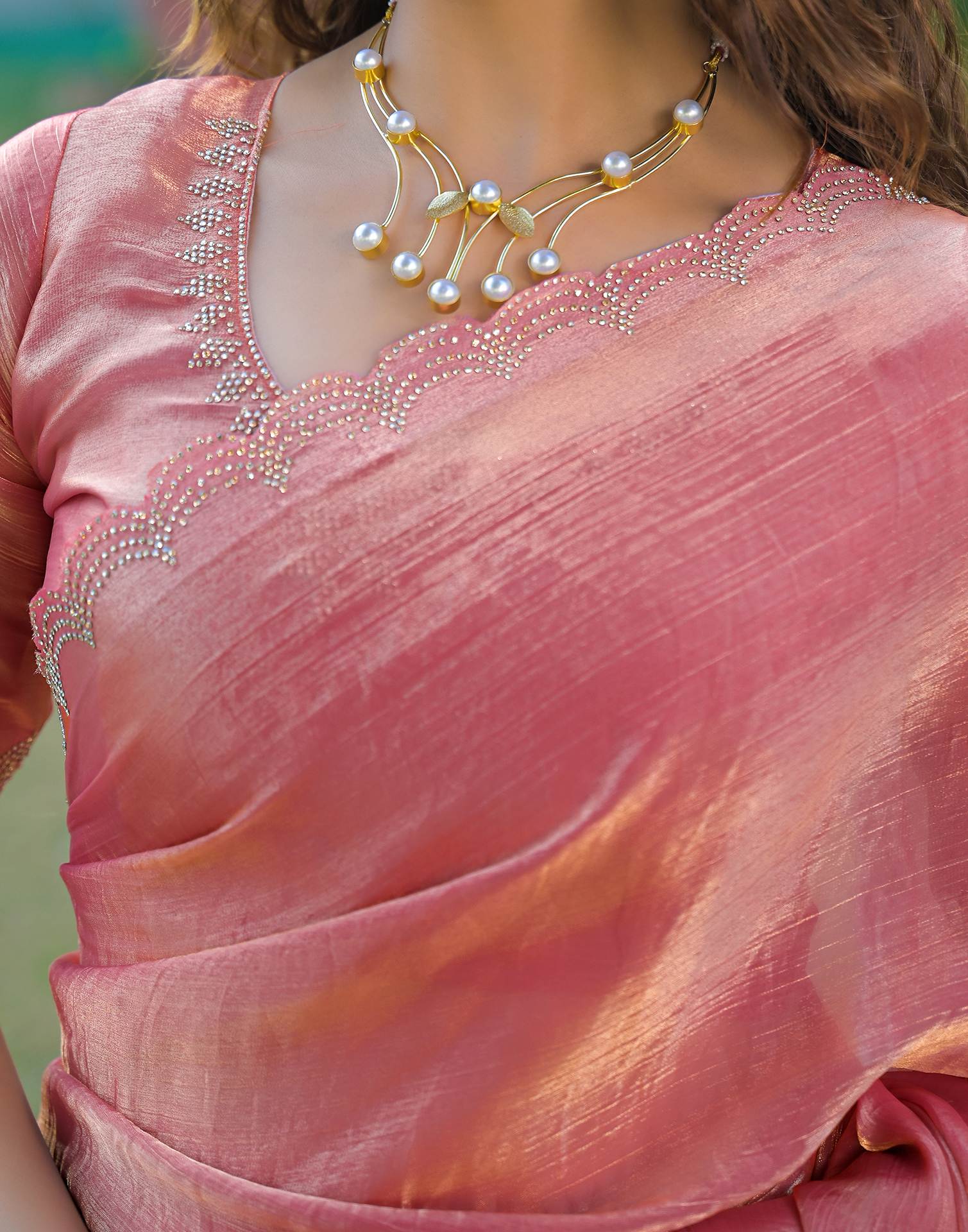 Peach Shimmer Chiffon Stone Work Swarovski saree