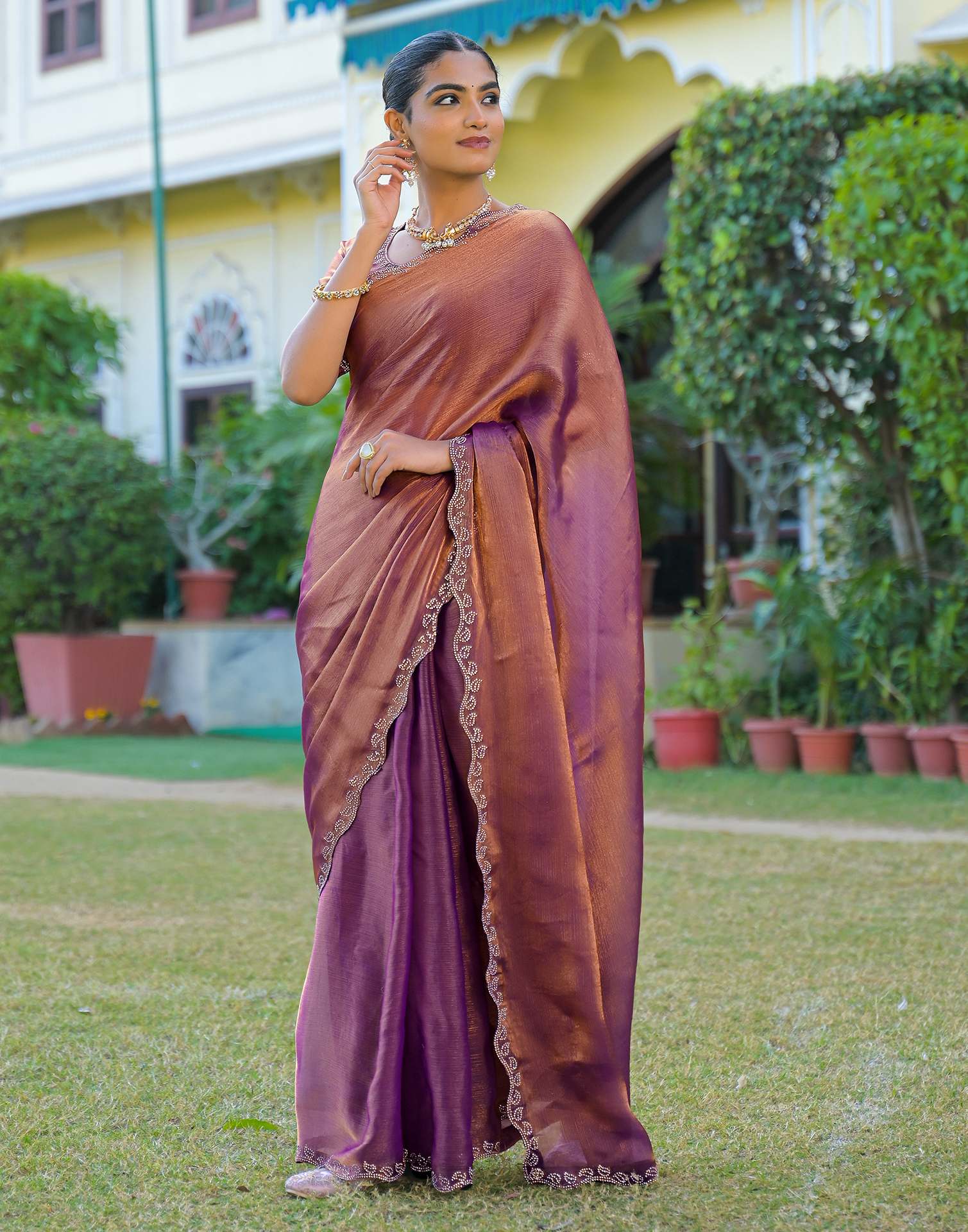 Purple Shimmer Chiffon Stone Work Swarovski saree