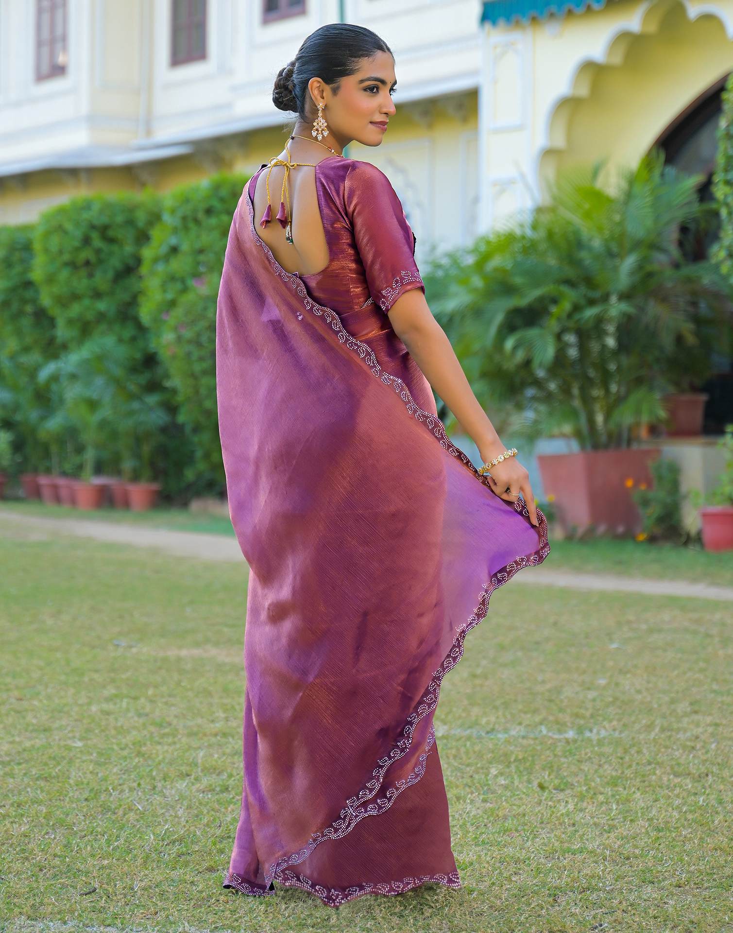 Purple Shimmer Chiffon Stone Work Swarovski saree