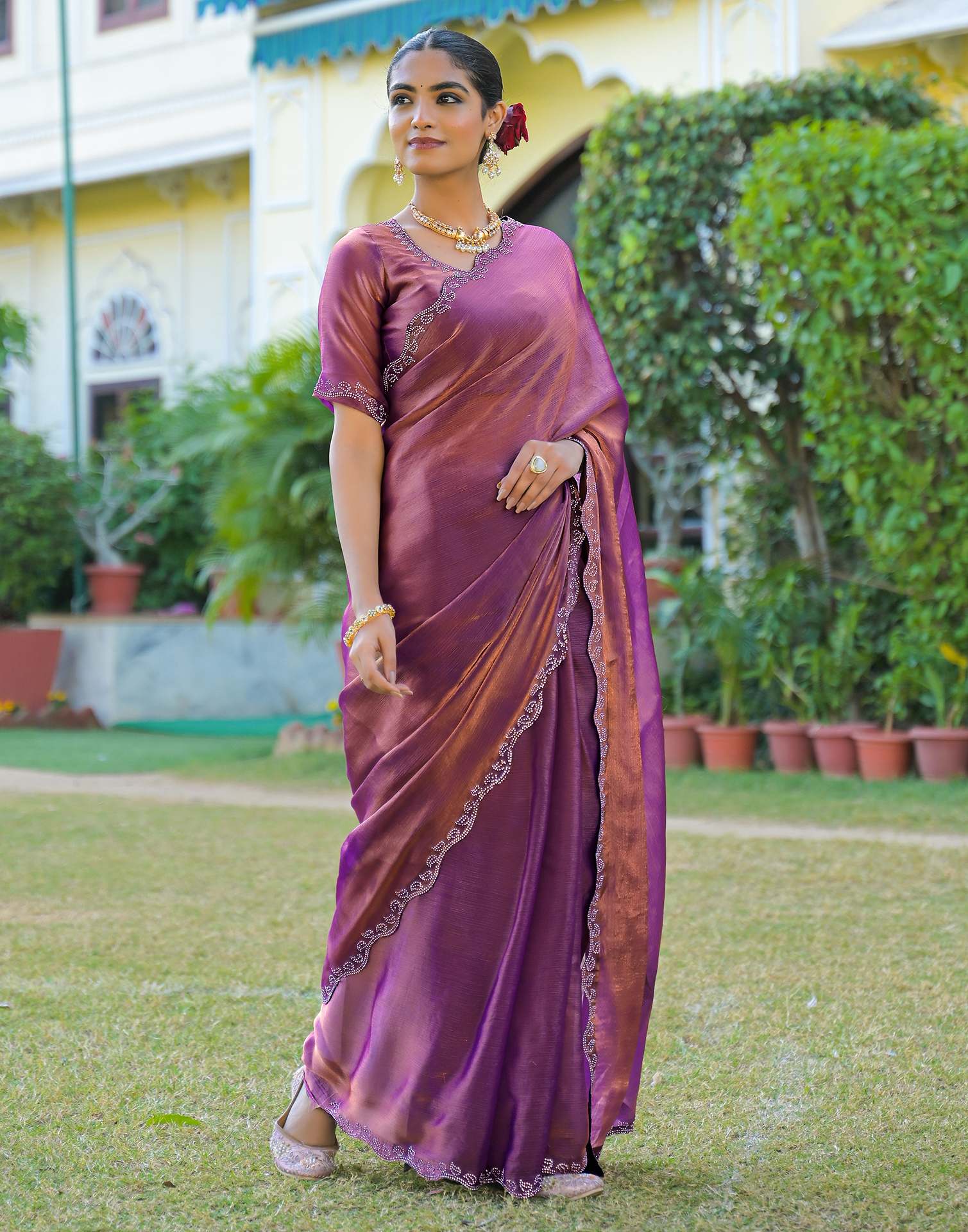 Purple Shimmer Chiffon Stone Work Swarovski saree
