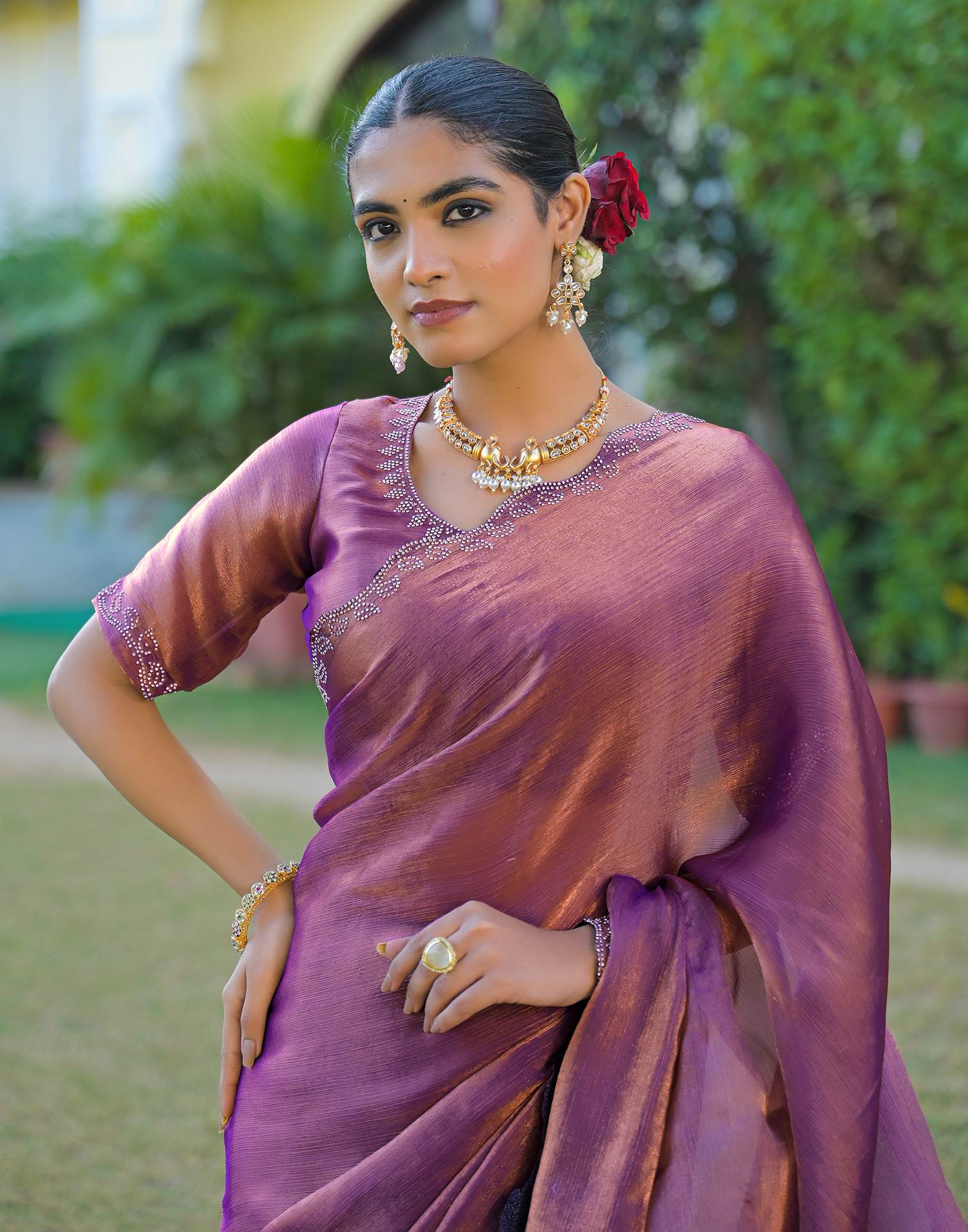 Purple Shimmer Chiffon Stone Work Swarovski saree