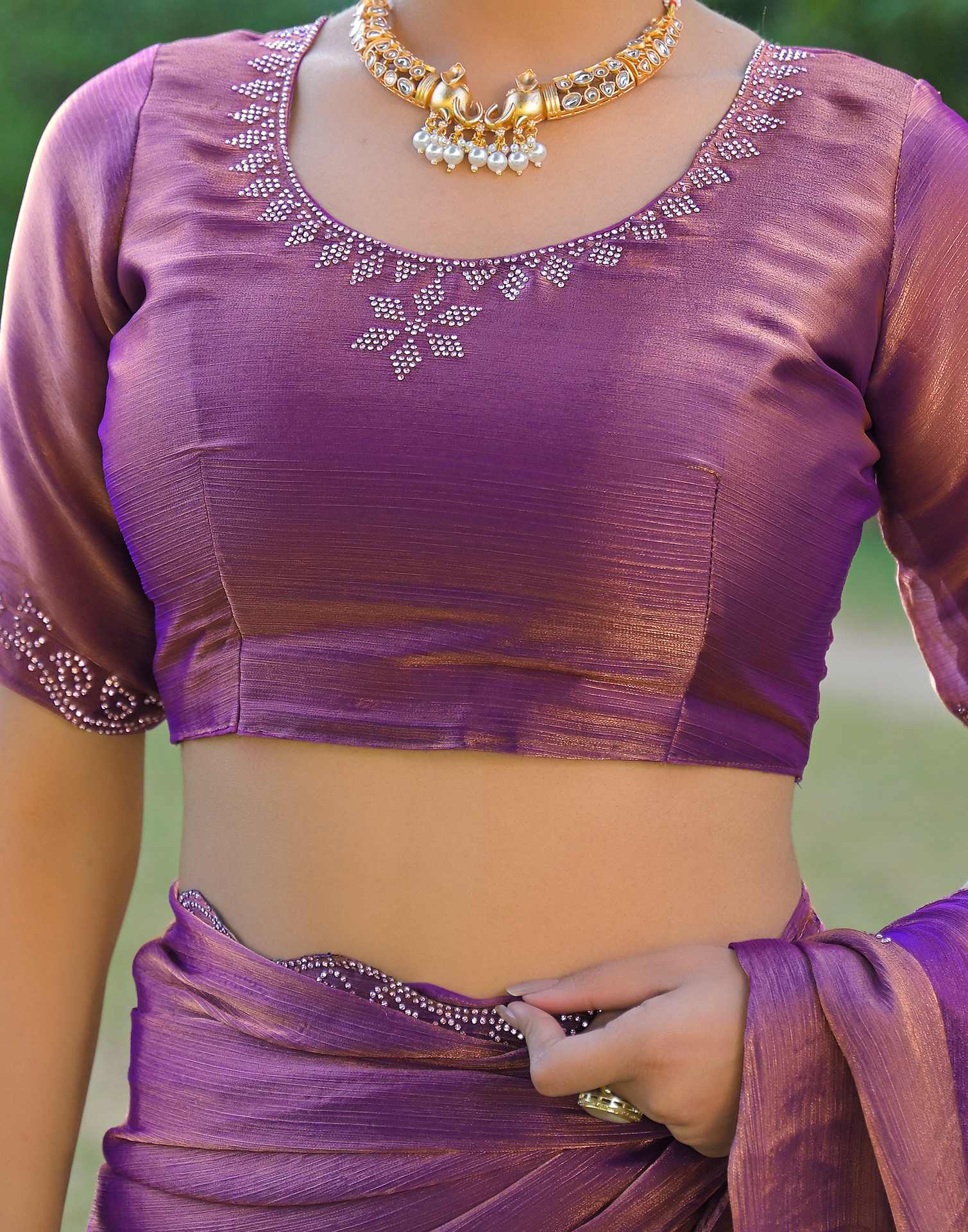 Purple Shimmer Chiffon Stone Work Swarovski saree