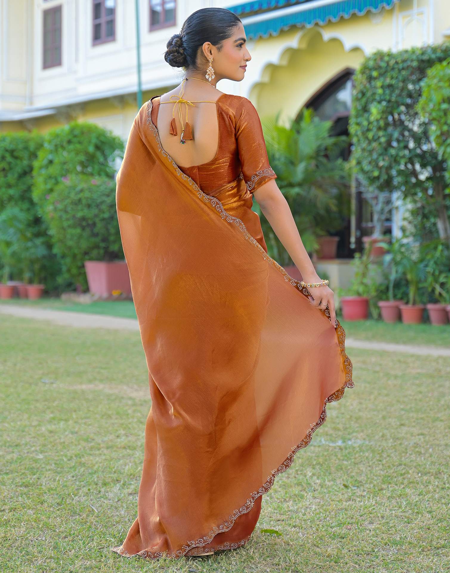 Brown Shimmer Chiffon Stone Work Swarovski saree