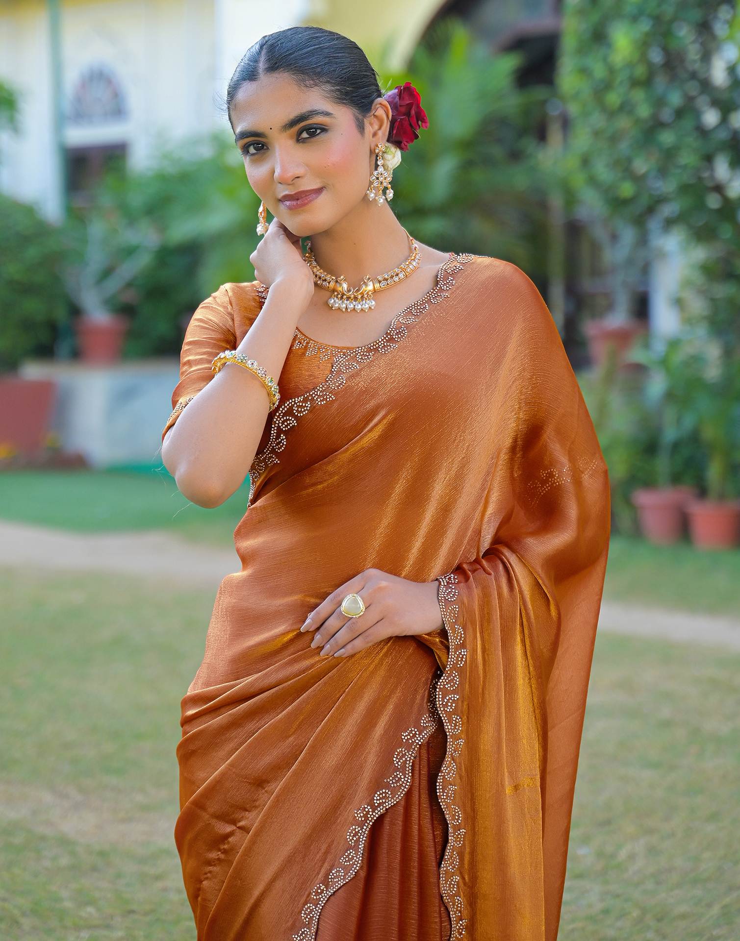Brown Shimmer Chiffon Stone Work Swarovski saree