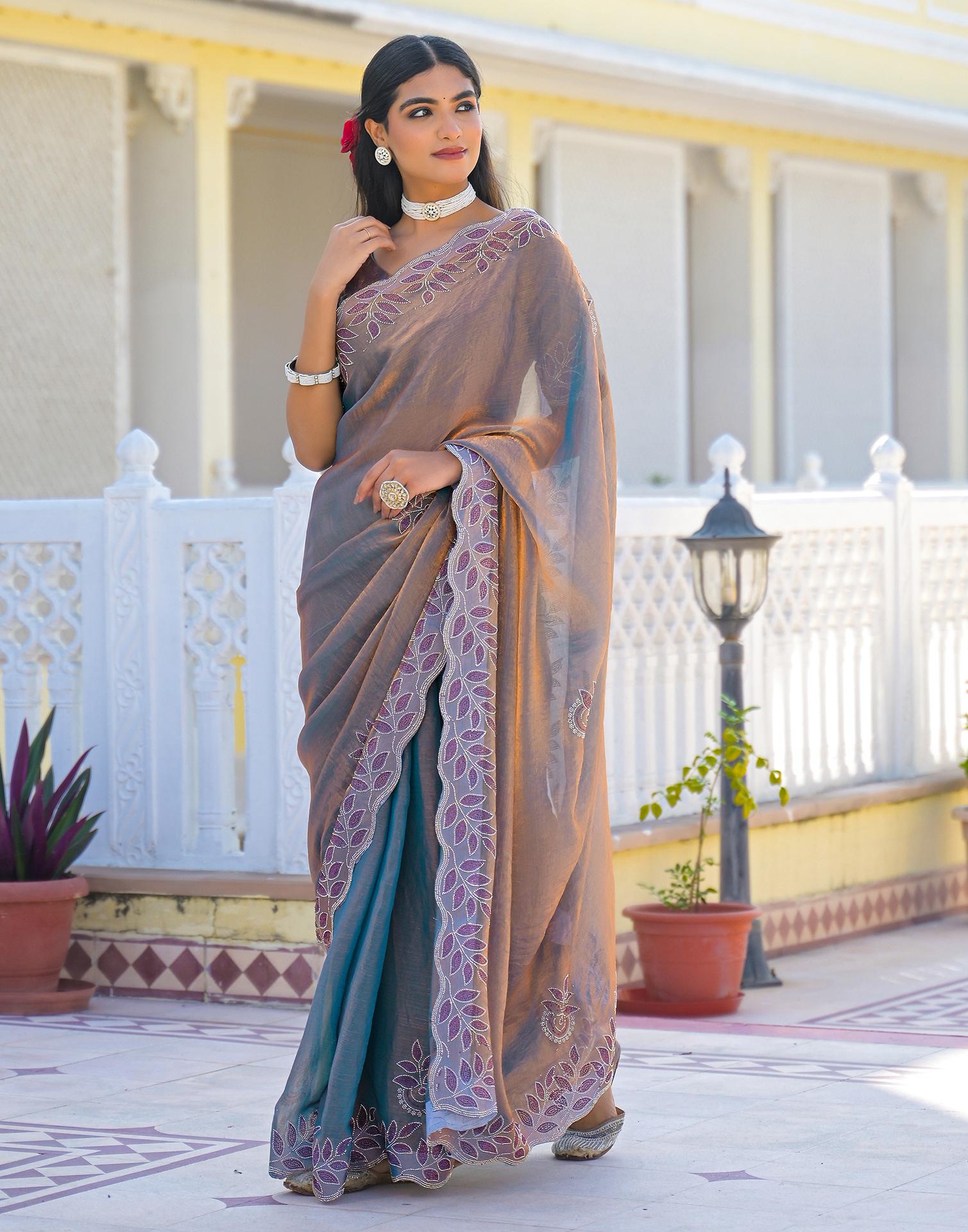 Lavender Shimmer Chiffon Stone Work Swarovski saree