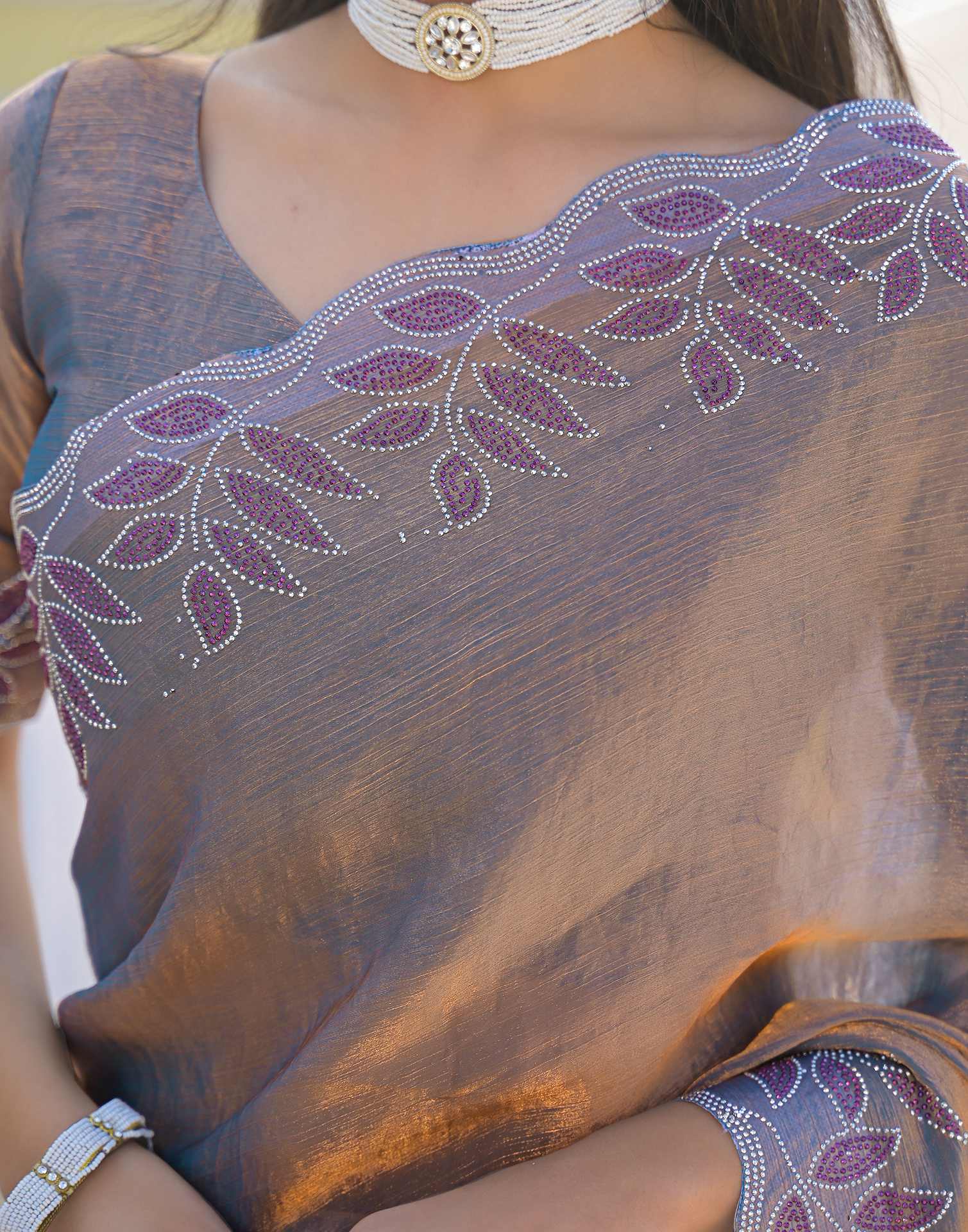 Lavender Shimmer Chiffon Stone Work Swarovski saree