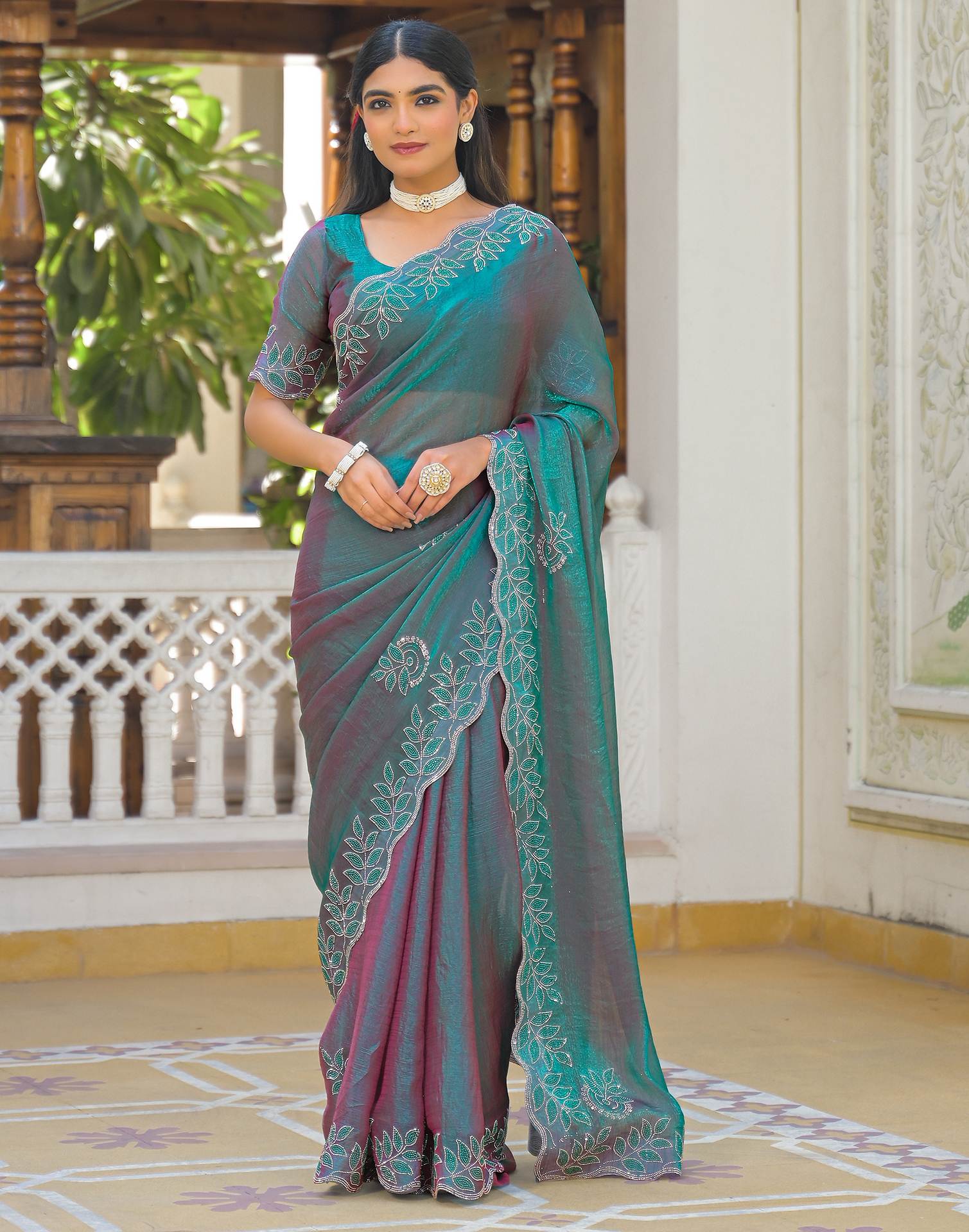 Teal Green Shimmer Chiffon Stone Work Swarovski saree