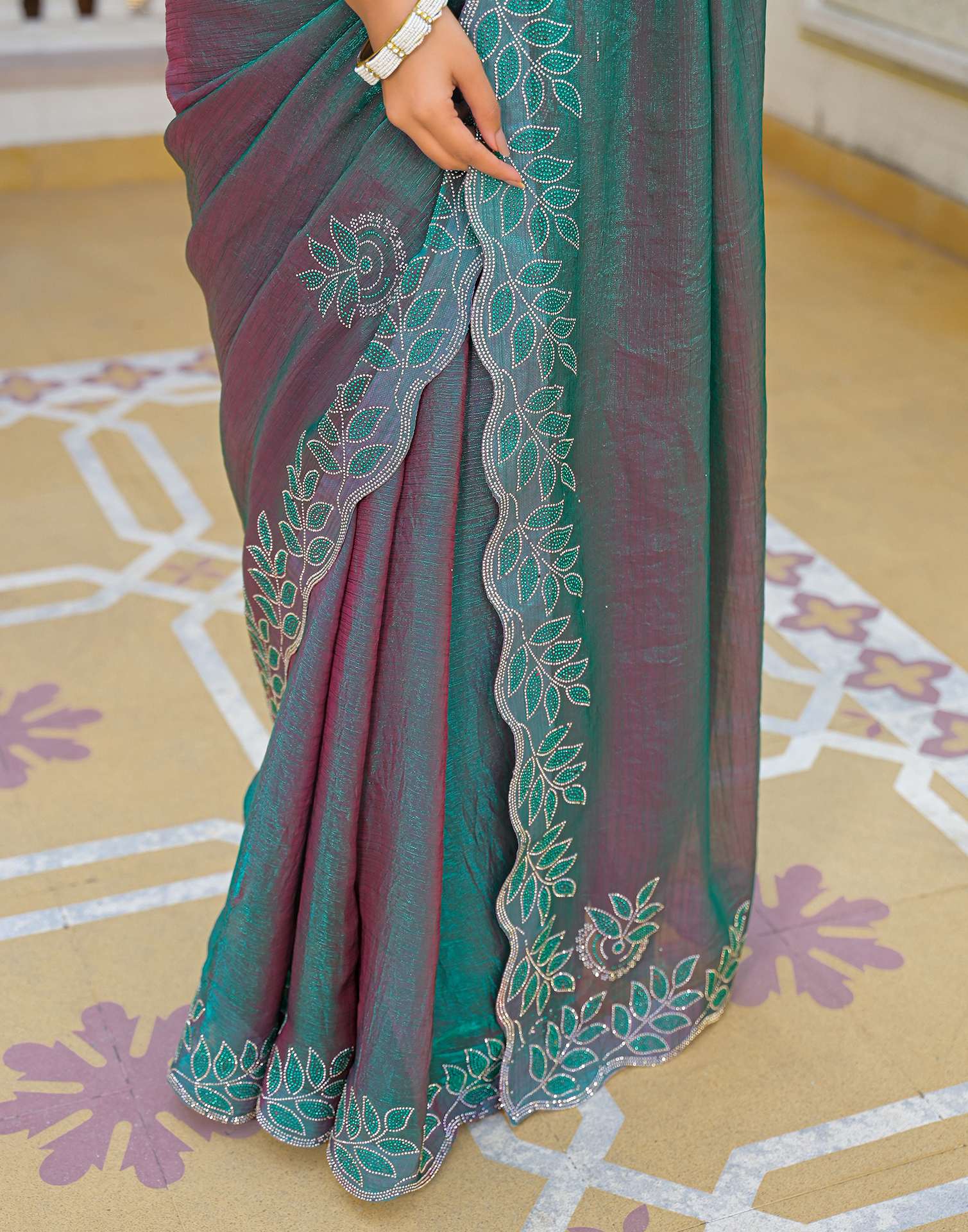Teal Green Shimmer Chiffon Stone Work Swarovski saree