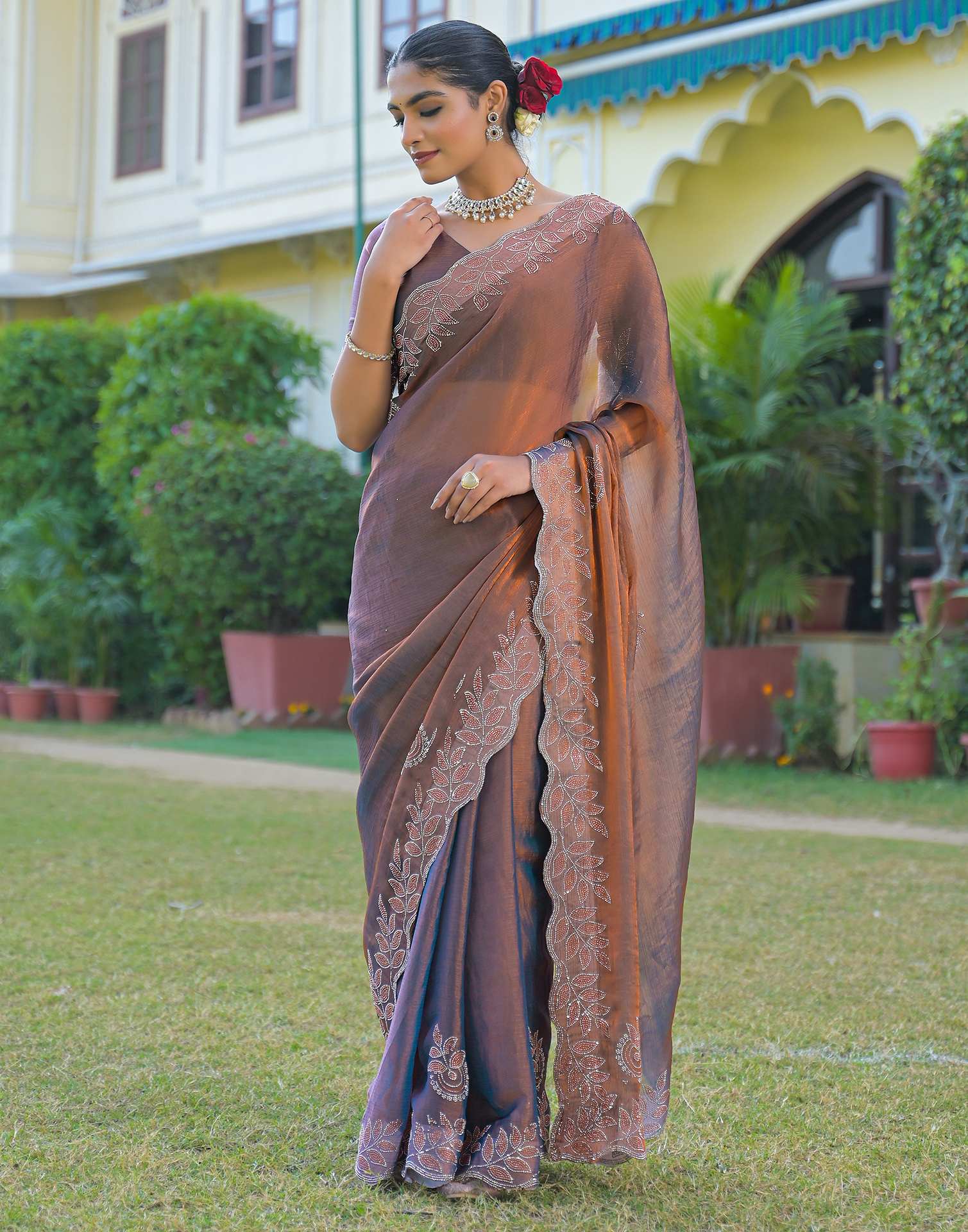 Brown Shimmer Chiffon Stone Work Swarovski saree