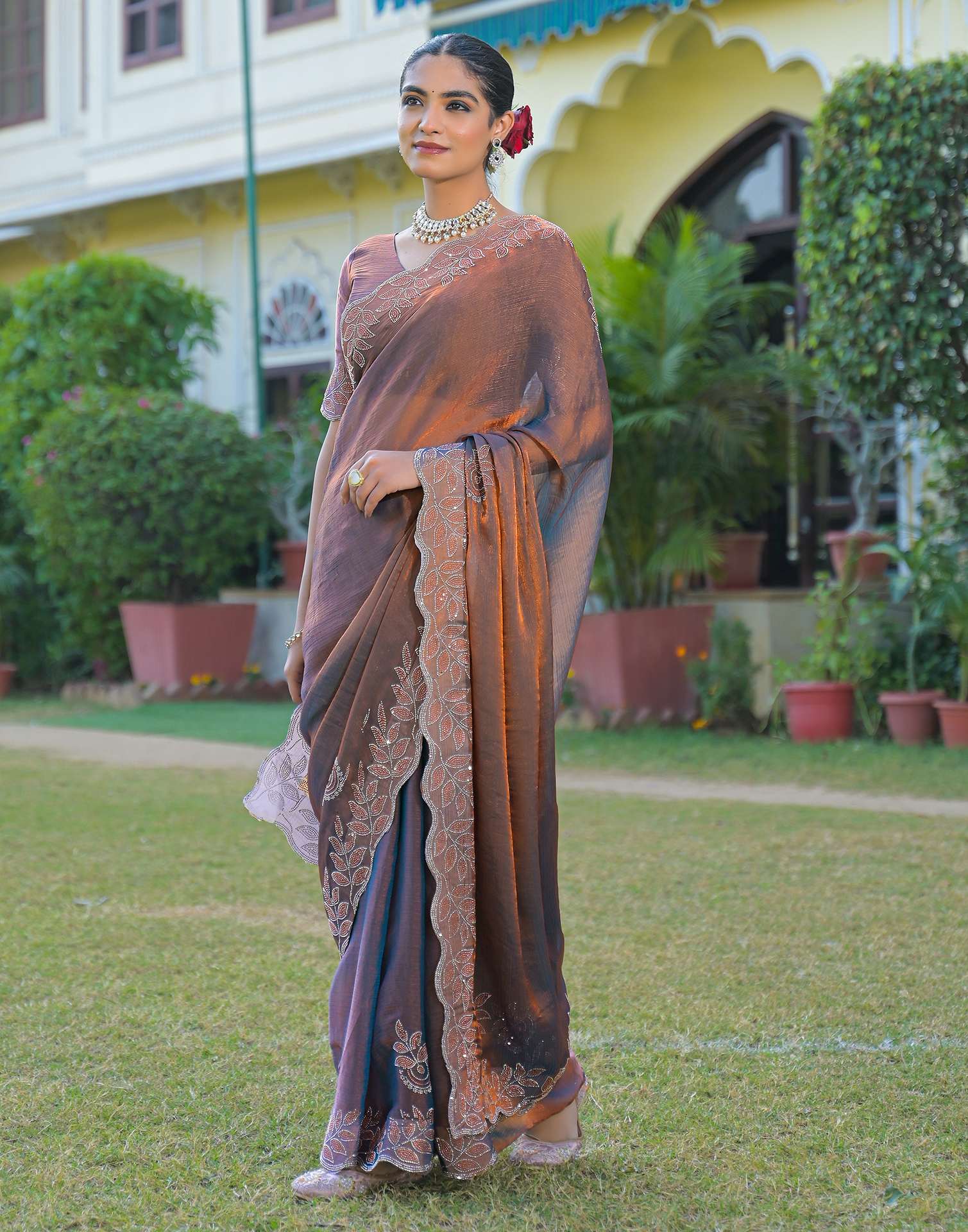Brown Shimmer Chiffon Stone Work Swarovski saree