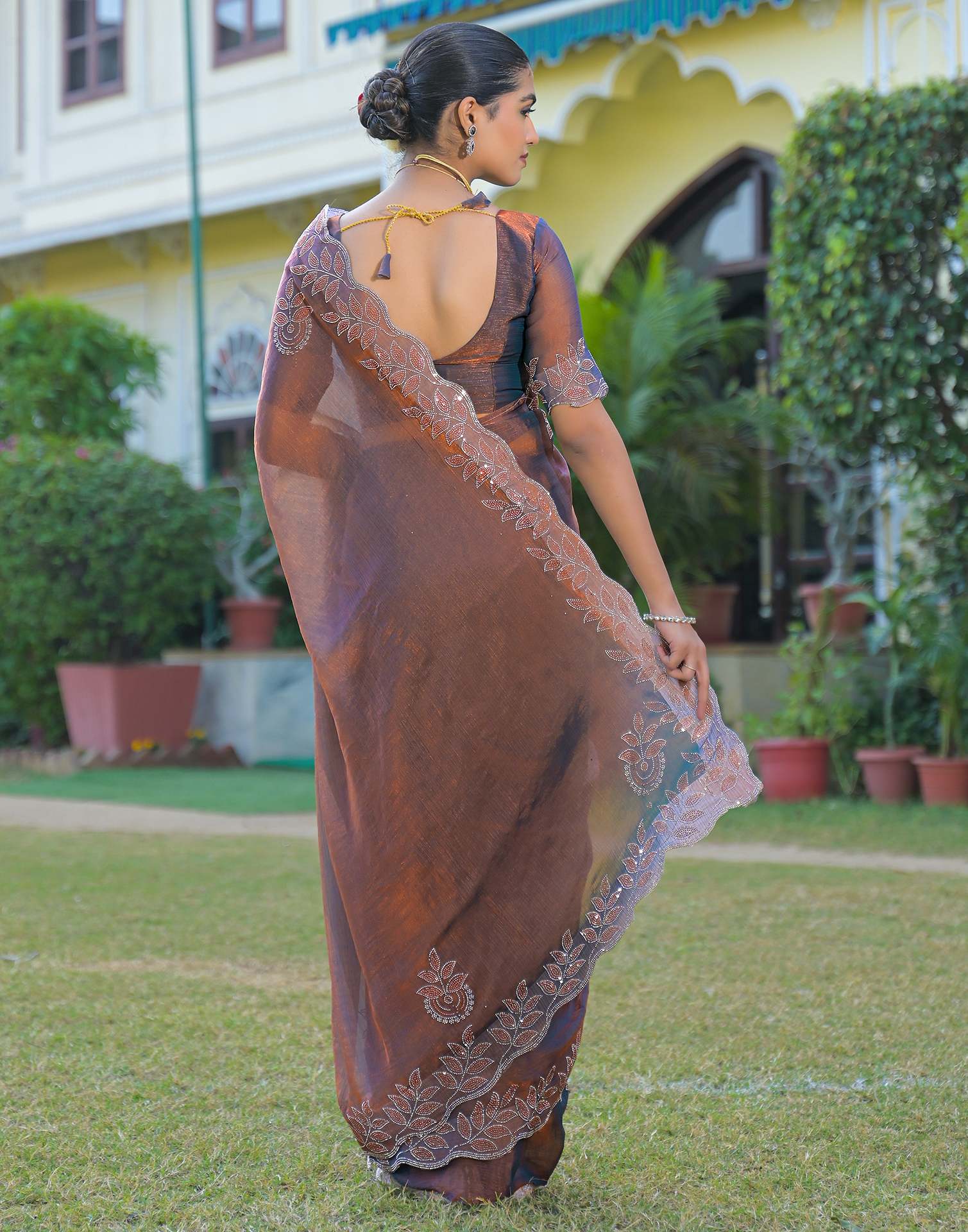 Brown Shimmer Chiffon Stone Work Swarovski saree