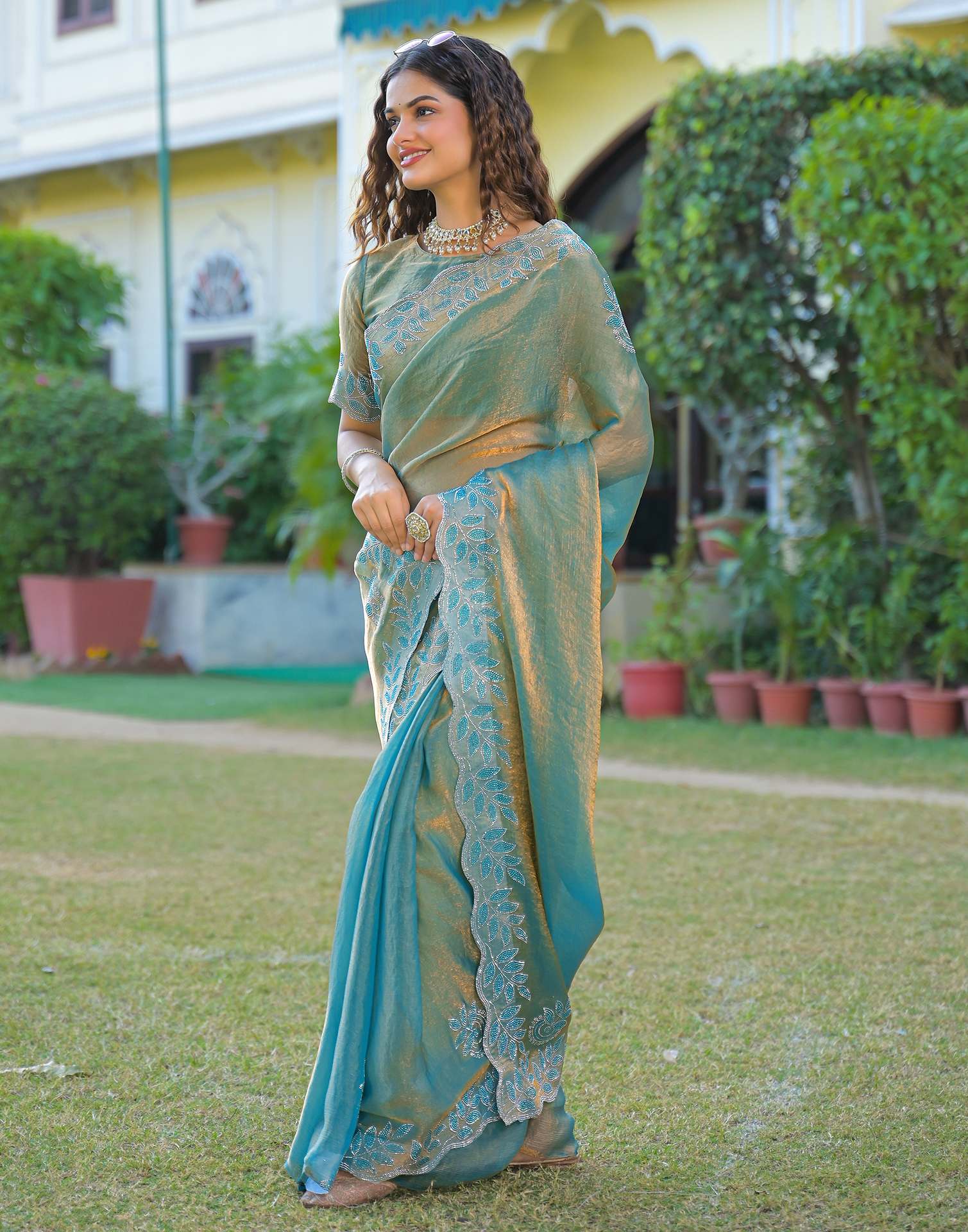 Mint Blue Shimmer Chiffon Stone Work Swarovski saree