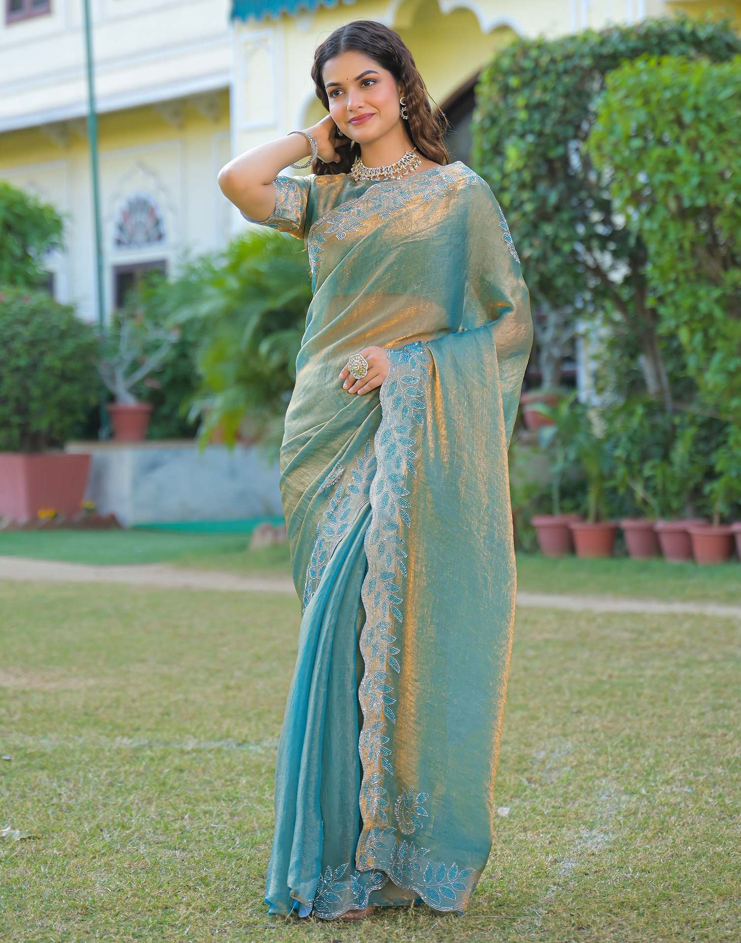 Mint Blue Shimmer Chiffon Stone Work Swarovski saree