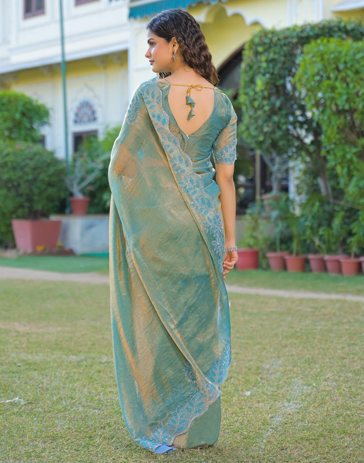 Mint Blue Shimmer Chiffon Stone Work Swarovski saree
