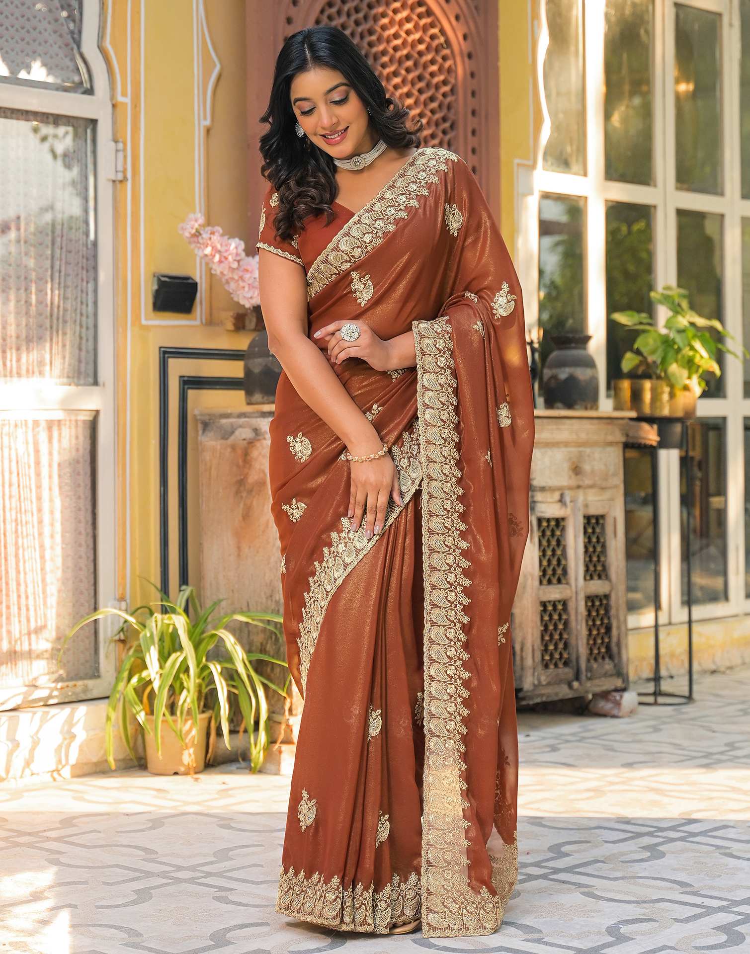 Dusty Brown Shimmer Georgette Sequence Embroidery saree