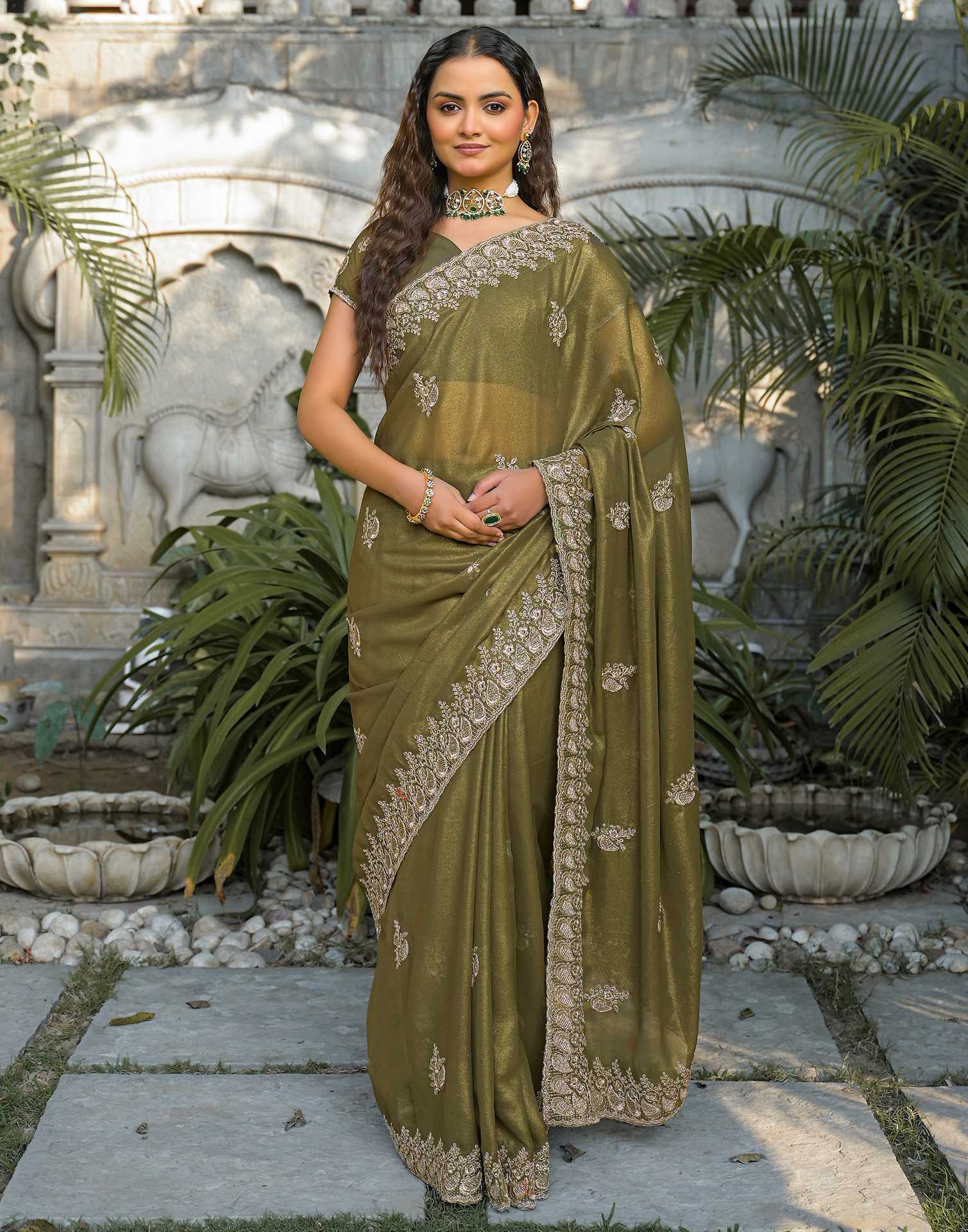 Mehandi Green Shimmer Georgette Sequence Embroidery saree