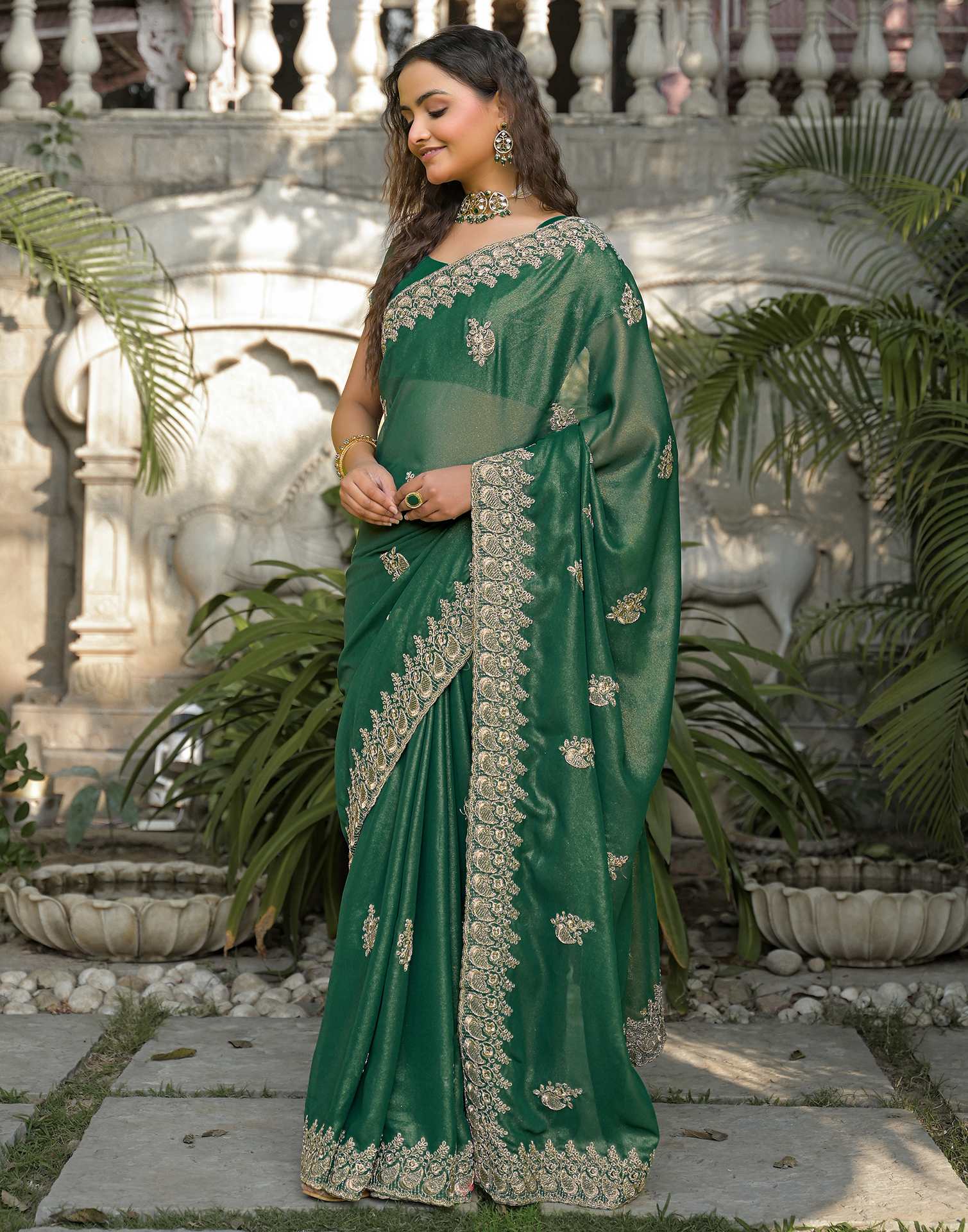 Teal Green Shimmer Georgette Sequence Embroidery saree