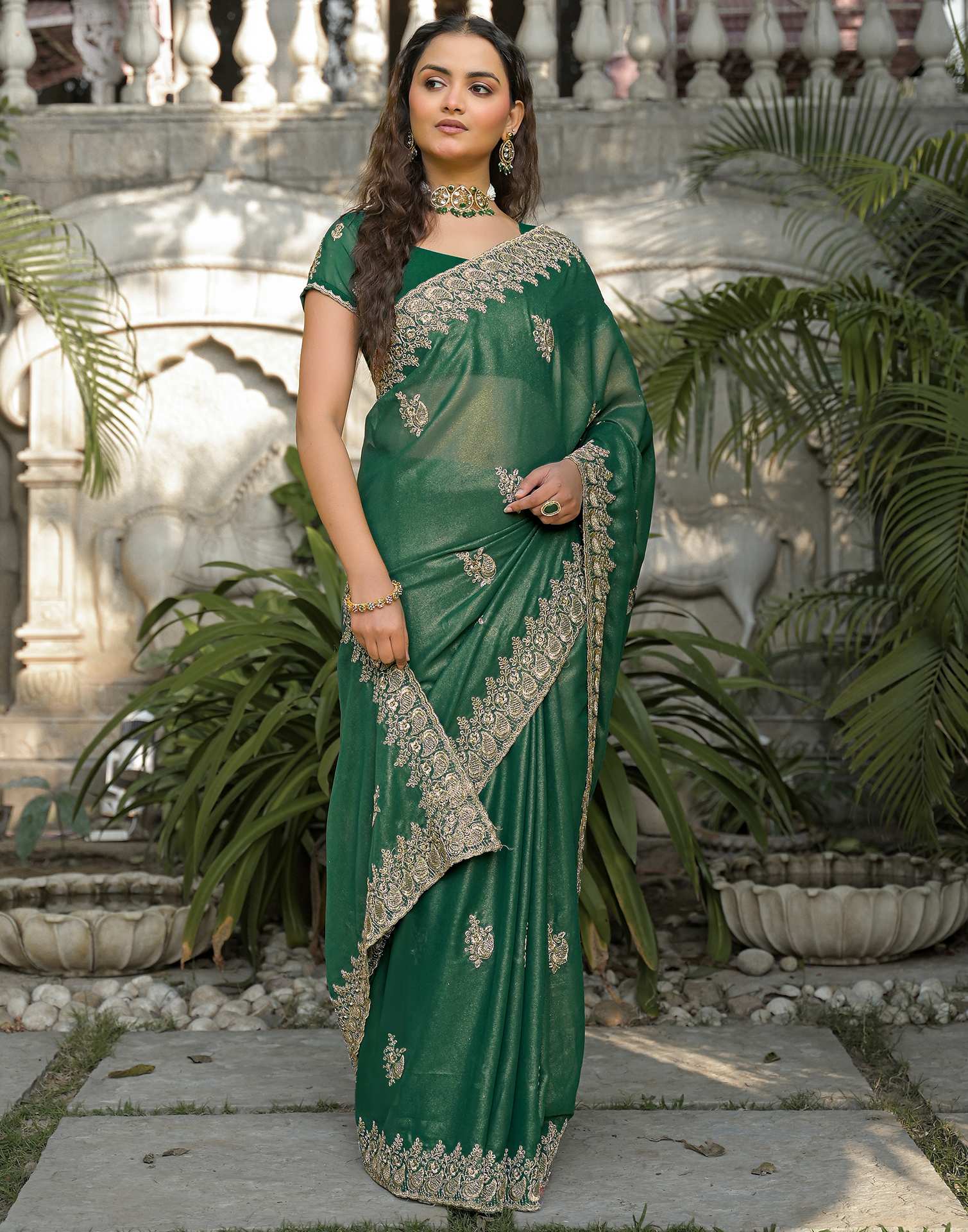 Teal Green Shimmer Georgette Sequence Embroidery saree