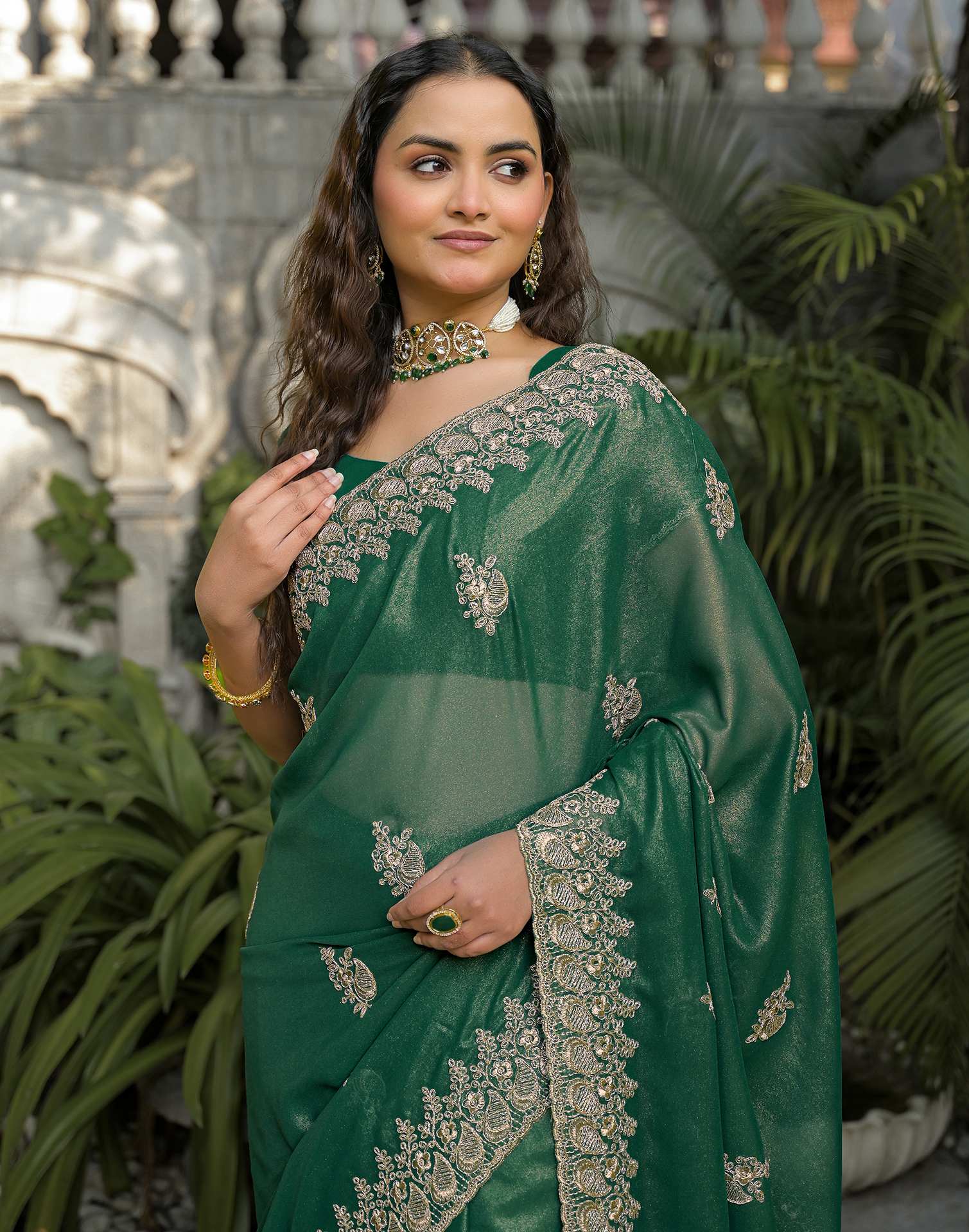 Teal Green Shimmer Georgette Sequence Embroidery saree