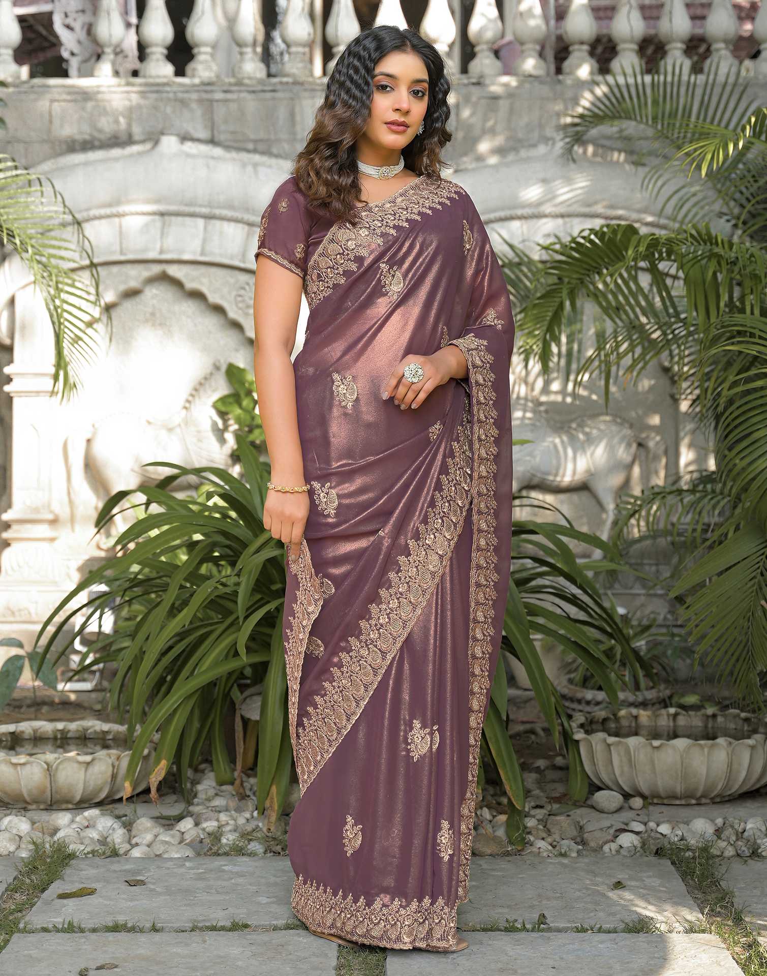 Dusty Mauve Shimmer Georgette Sequence Embroidery saree