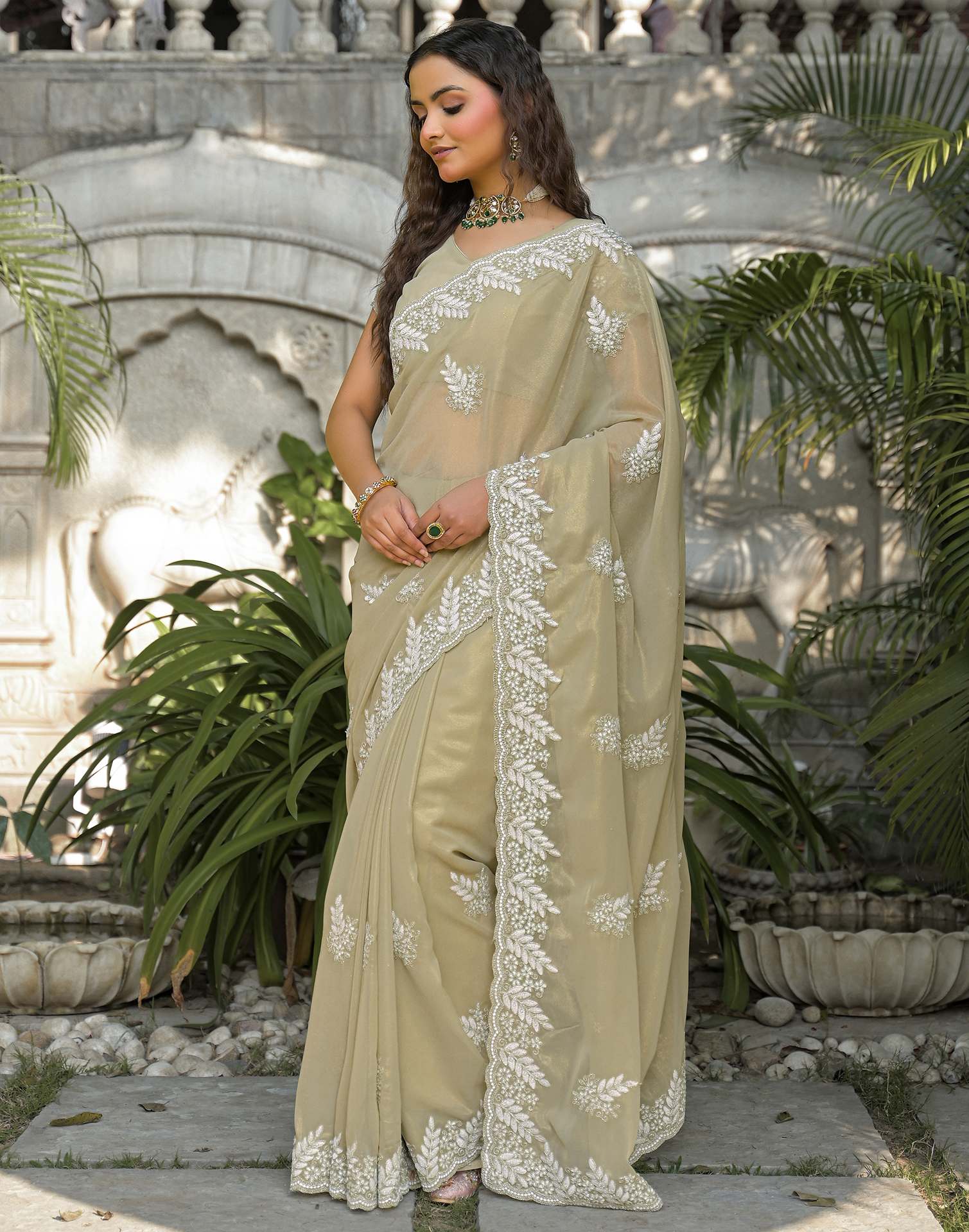 Light Pista Green Shimmer Georgette Sequence Embroidery saree