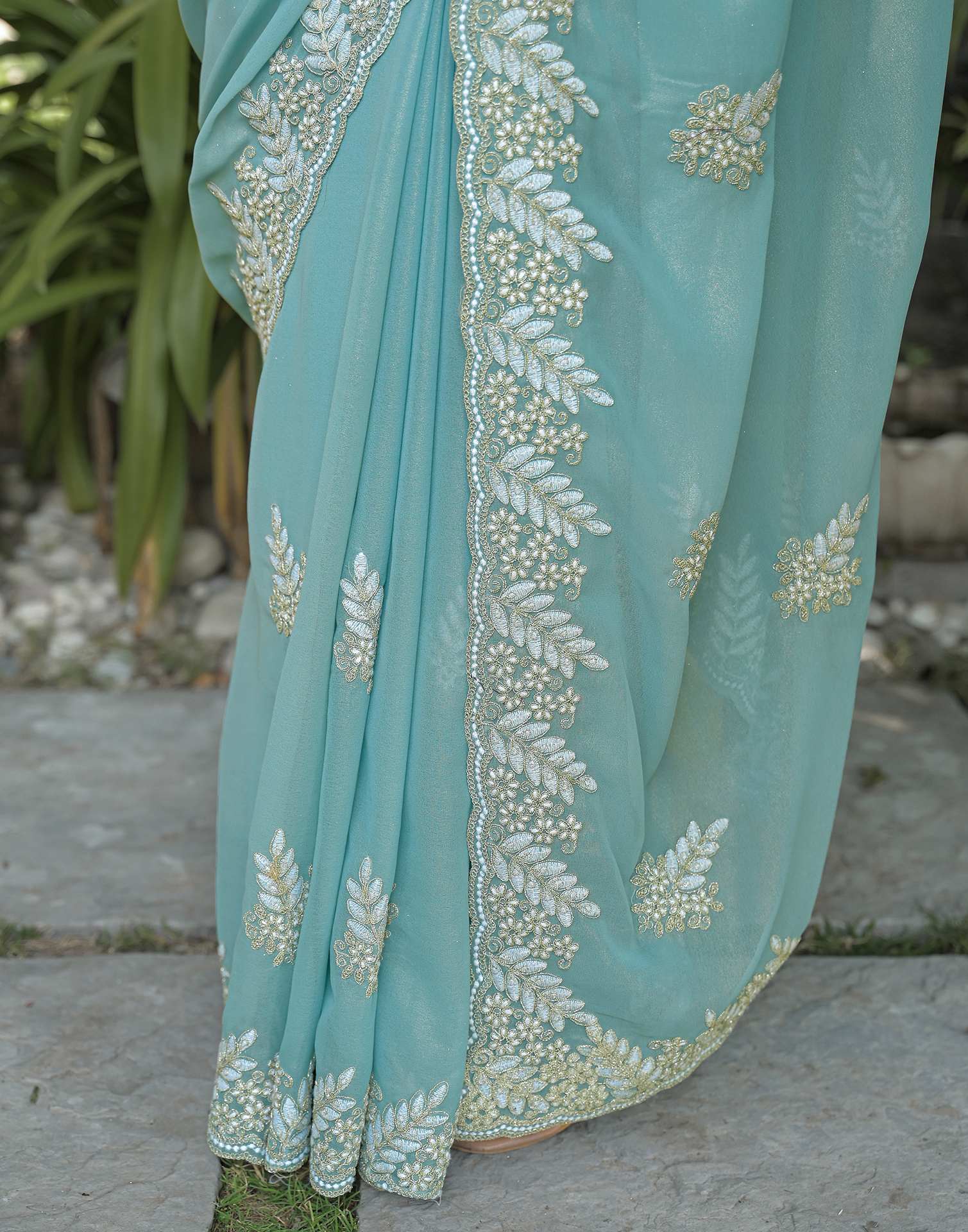Sky Blue Shimmer Georgette Sequence Embroidery saree