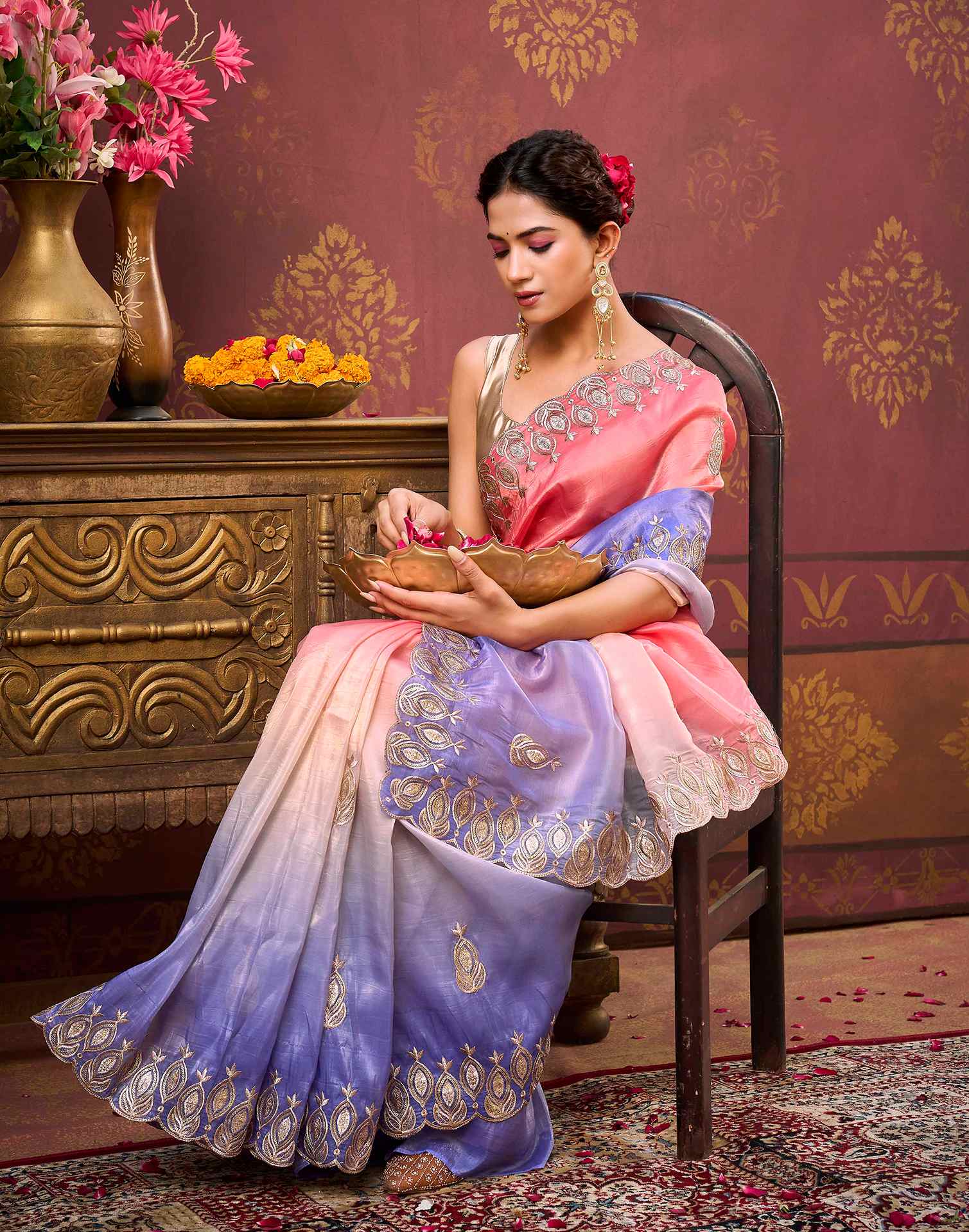 Coral Pink Tissue Silk Sequence Embroidery Saree