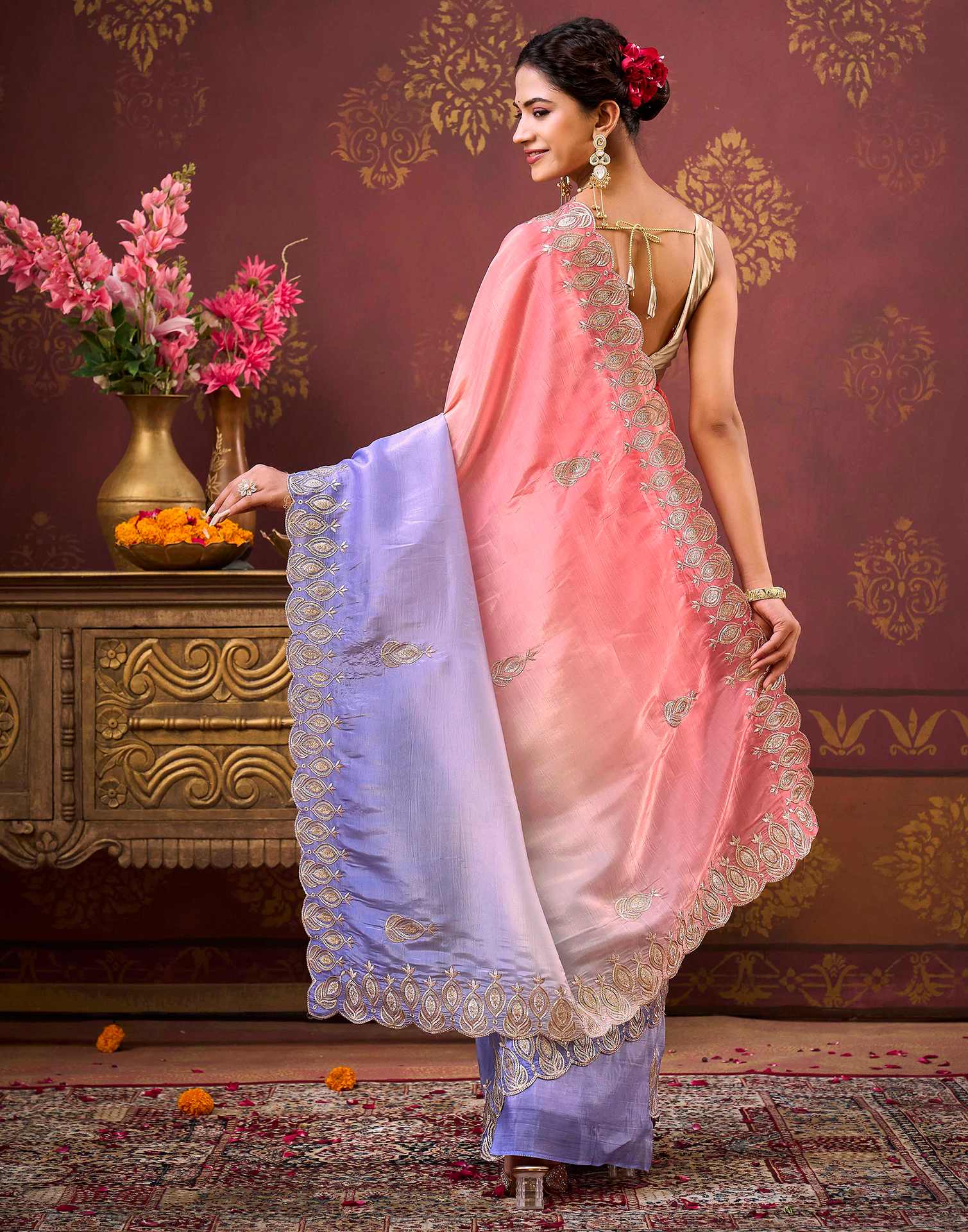 Coral Pink Tissue Silk Sequence Embroidery Saree