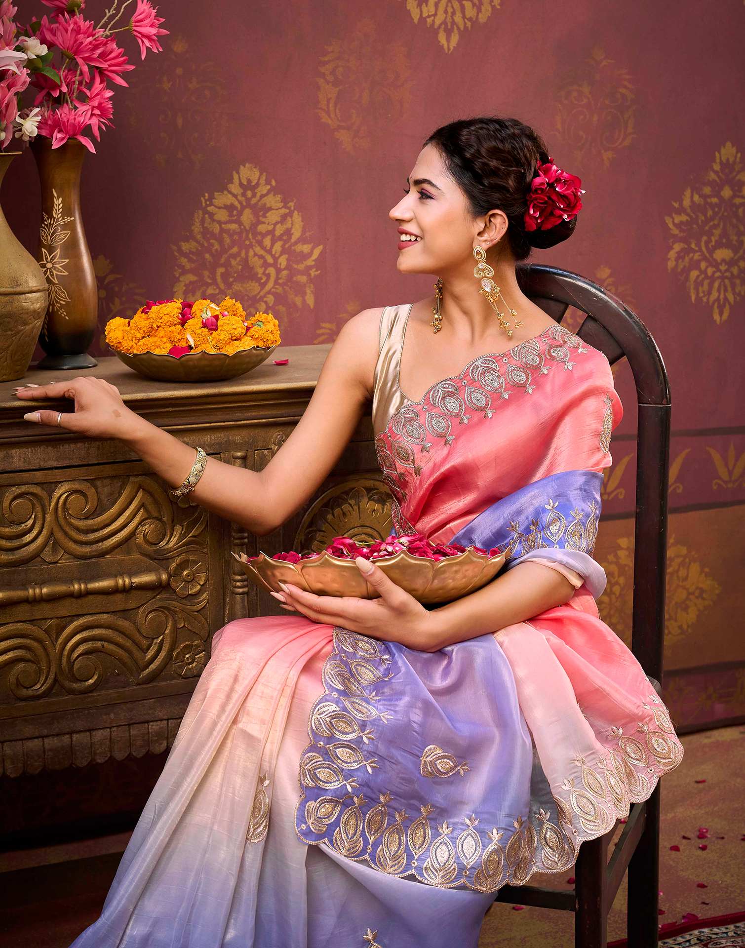 Coral Pink Tissue Silk Sequence Embroidery Saree