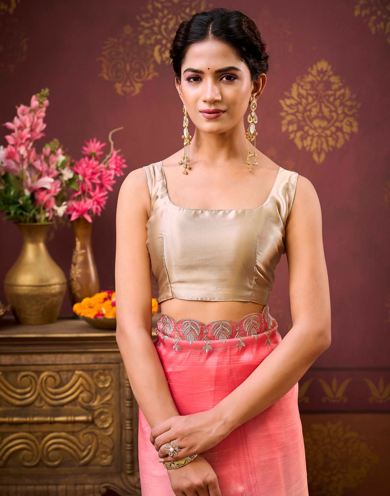 Coral Pink Tissue Silk Sequence Embroidery Saree