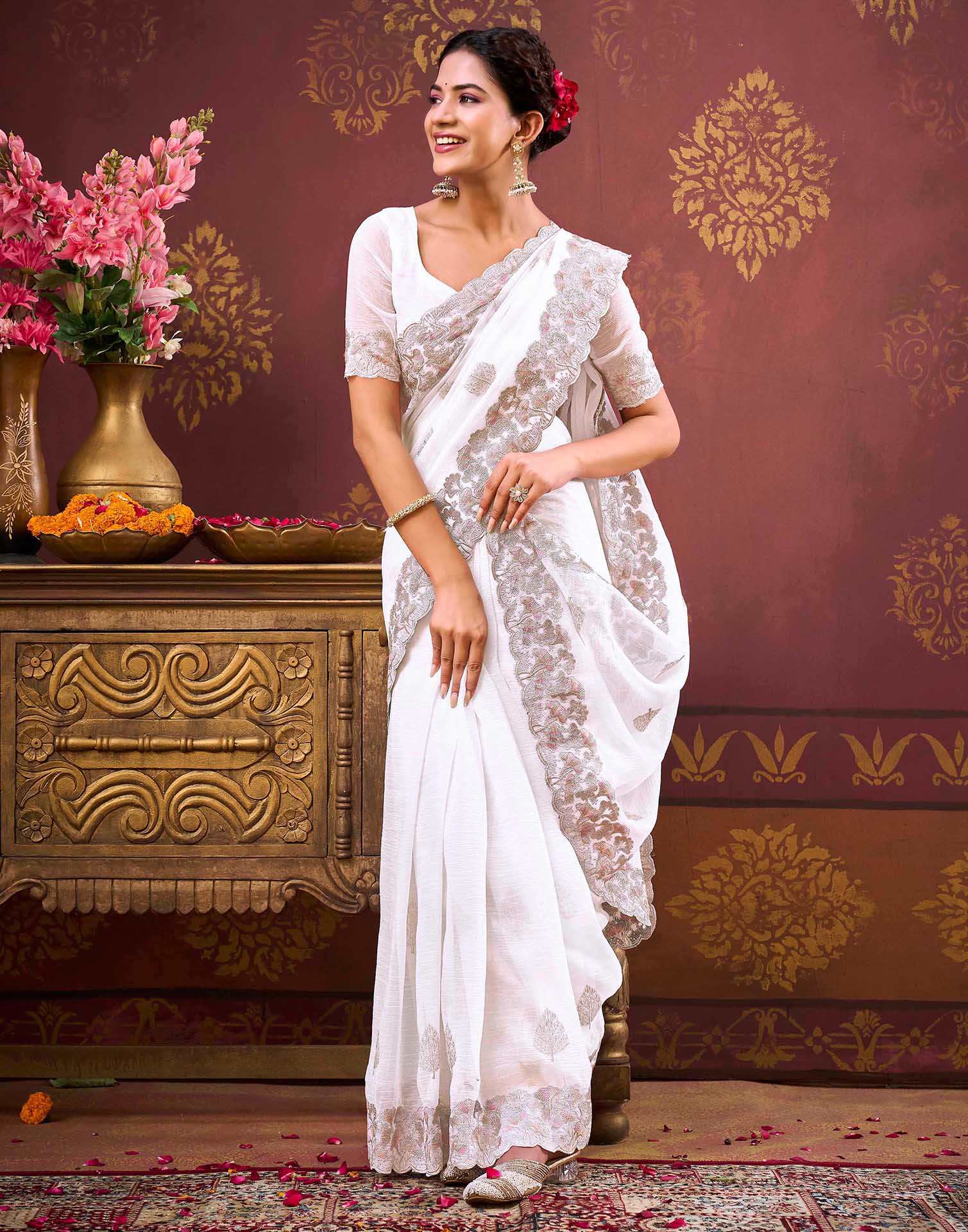White Shimmer Chiffon Sequence Embroidery saree
