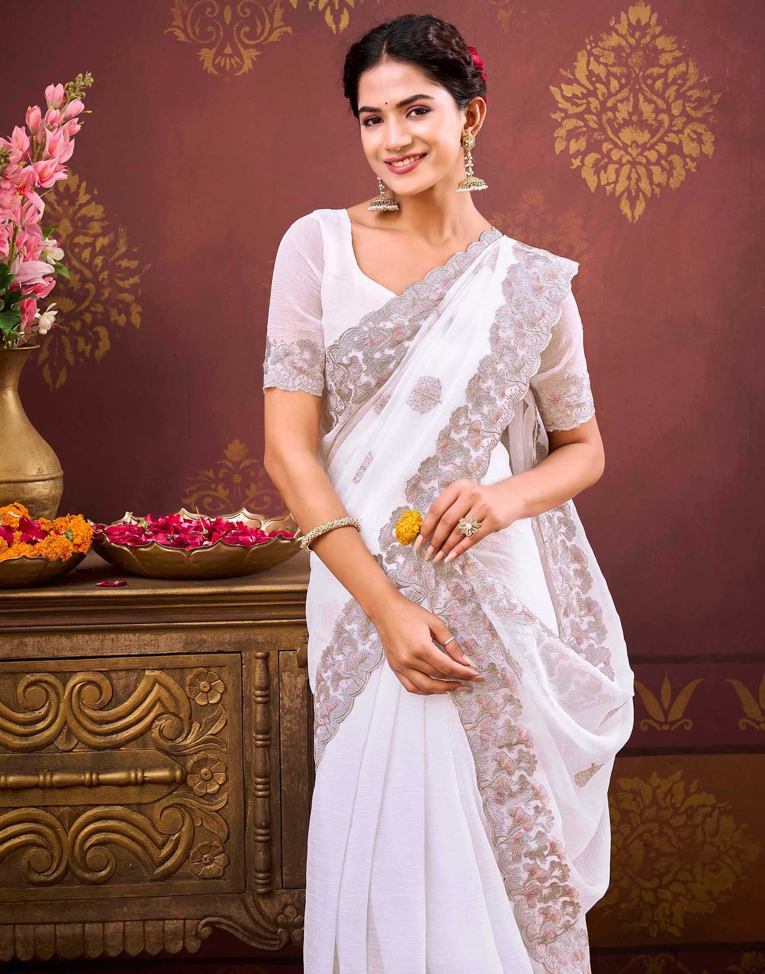 White Shimmer Chiffon Sequence Embroidery saree