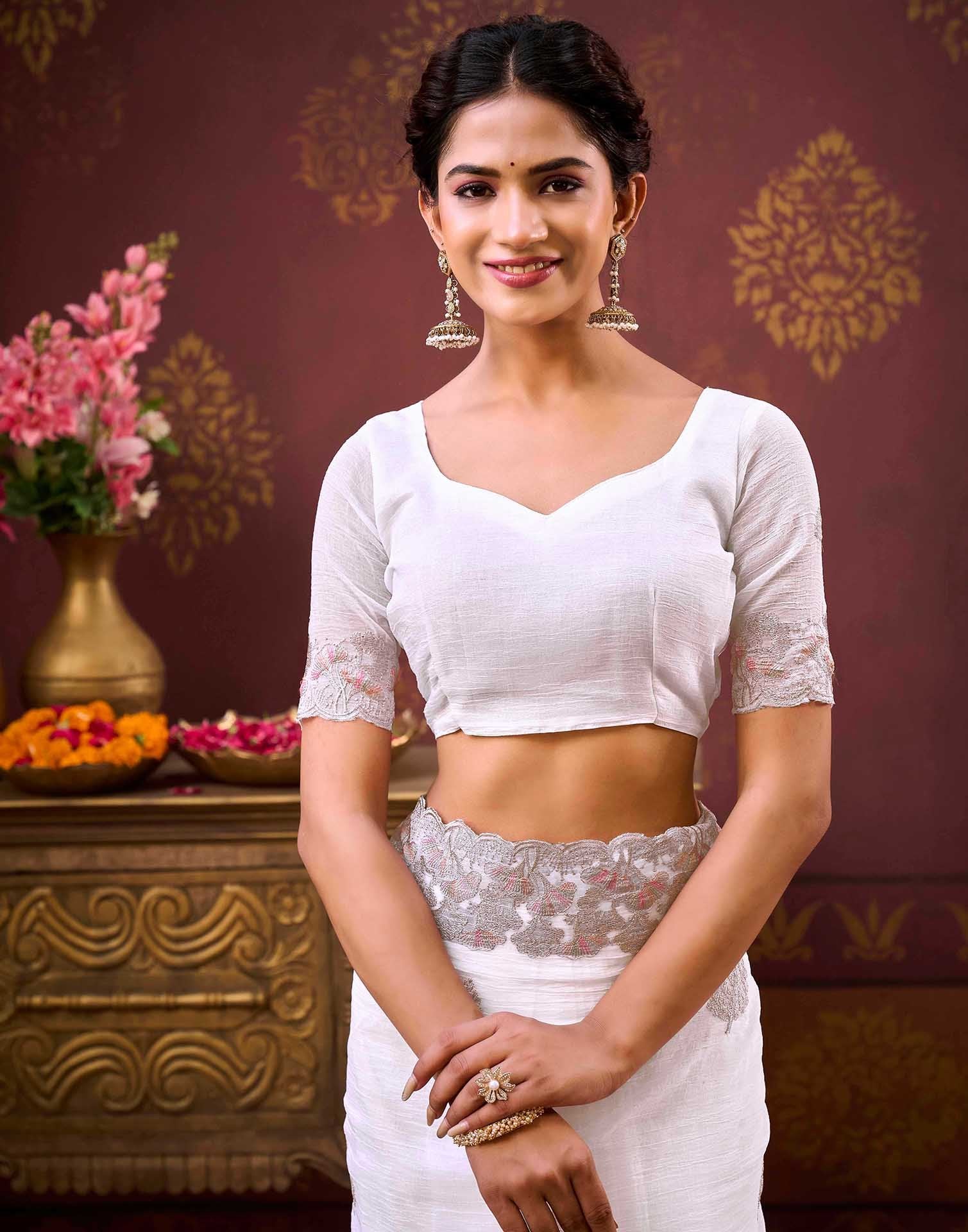 White Shimmer Chiffon Sequence Embroidery saree