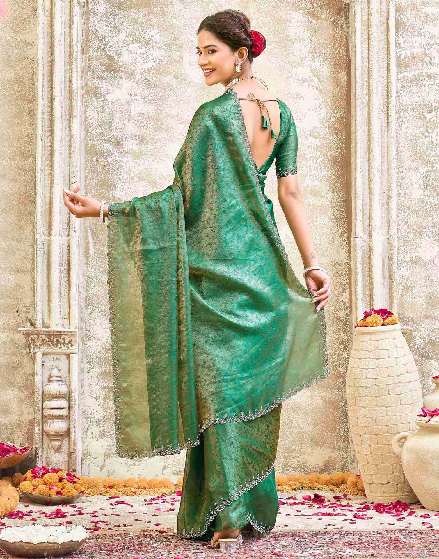 Teal Green Tissue Satin Stone Work Swarovski saree