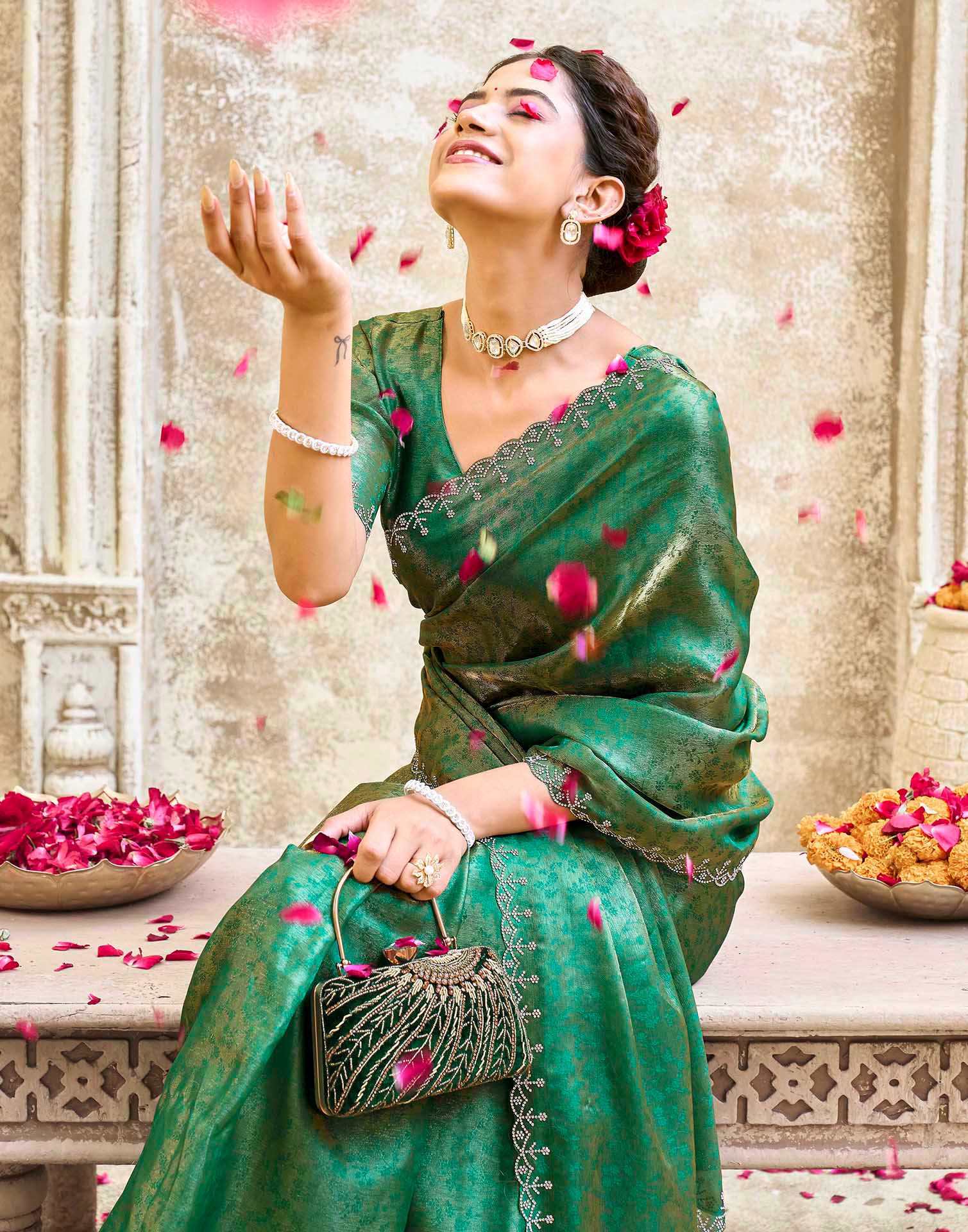 Teal Green Tissue Satin Stone Work Swarovski saree