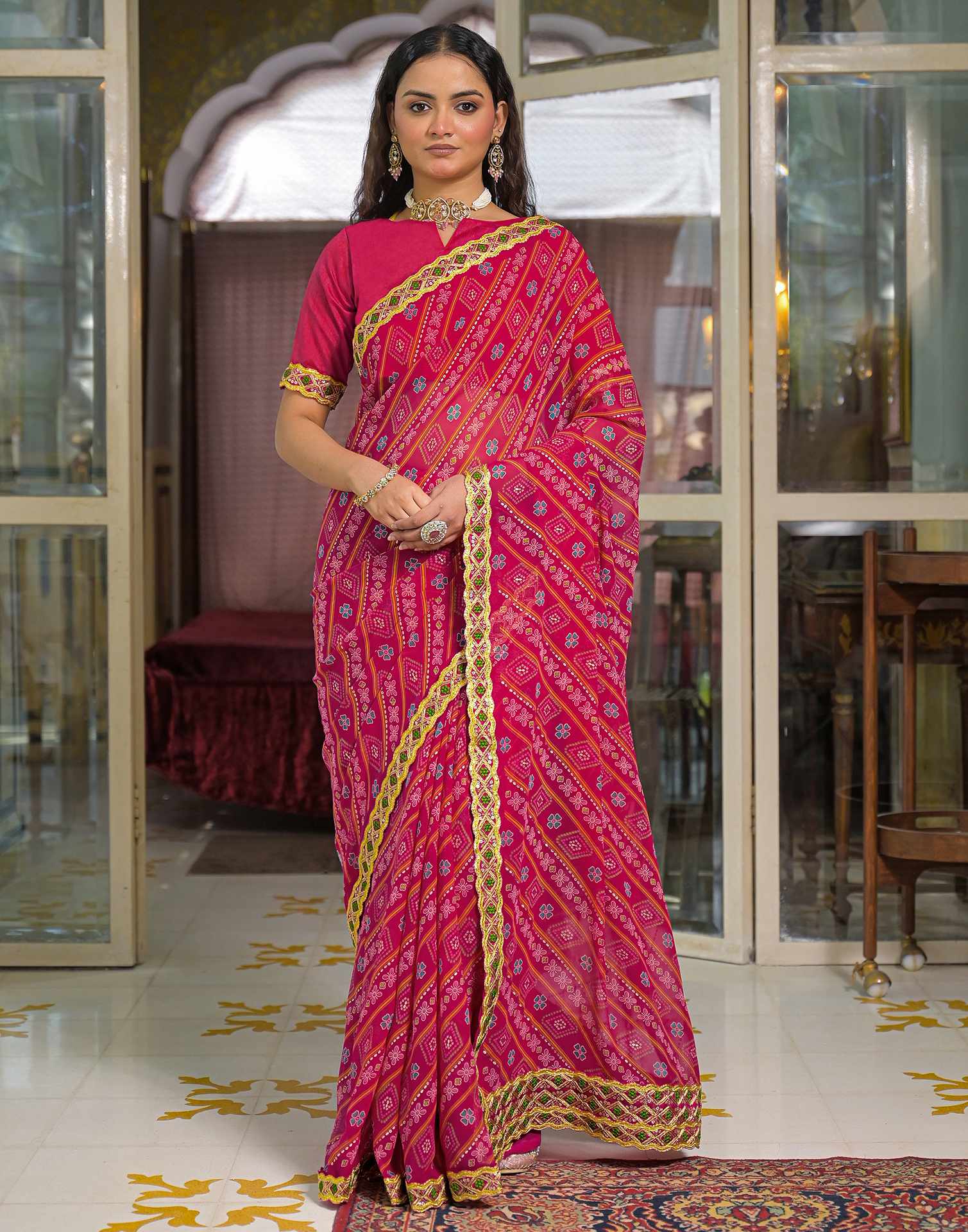 Dark Pink Georgette Bandhani Printed Lace Saree