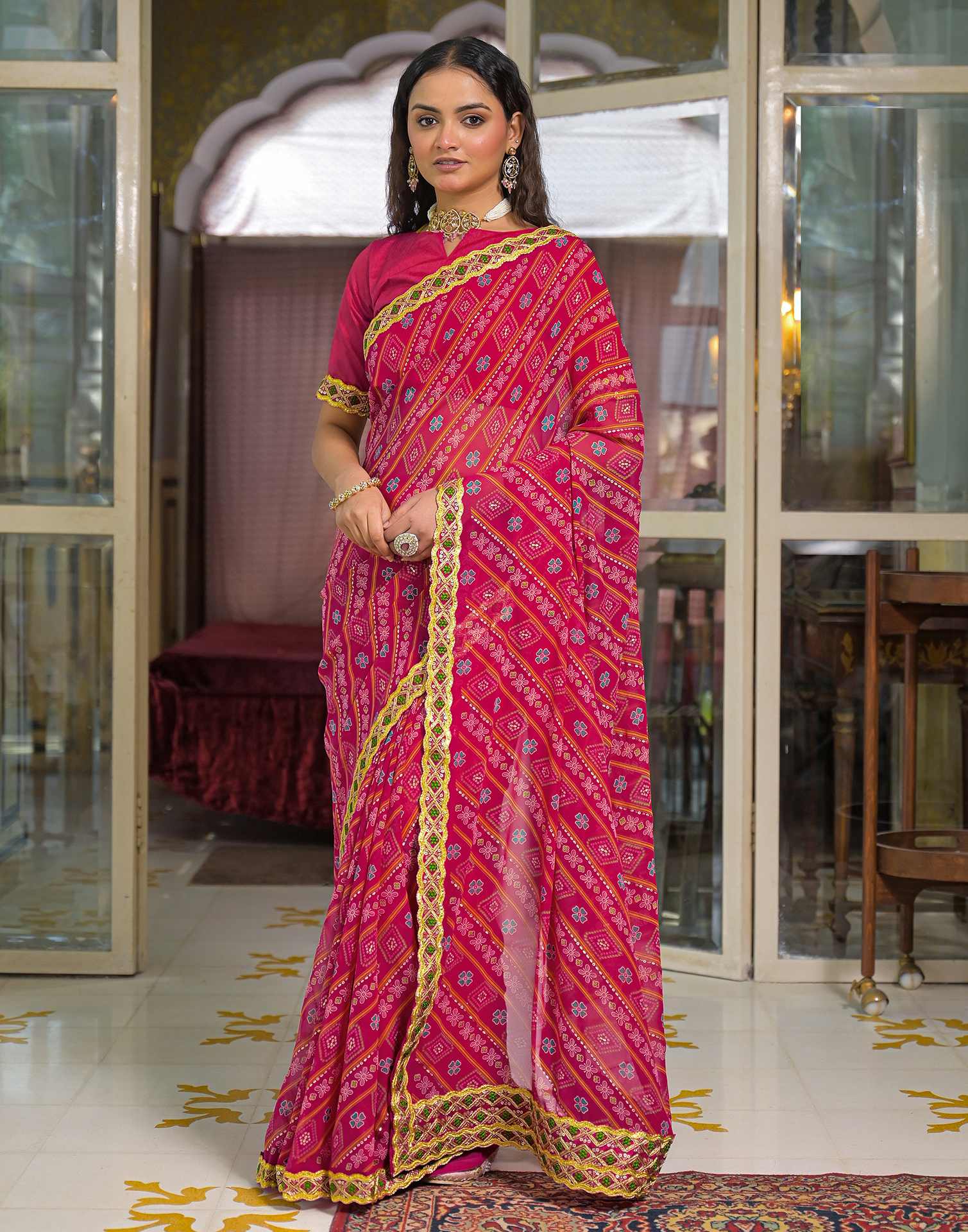 Dark Pink Georgette Bandhani Printed Lace Saree