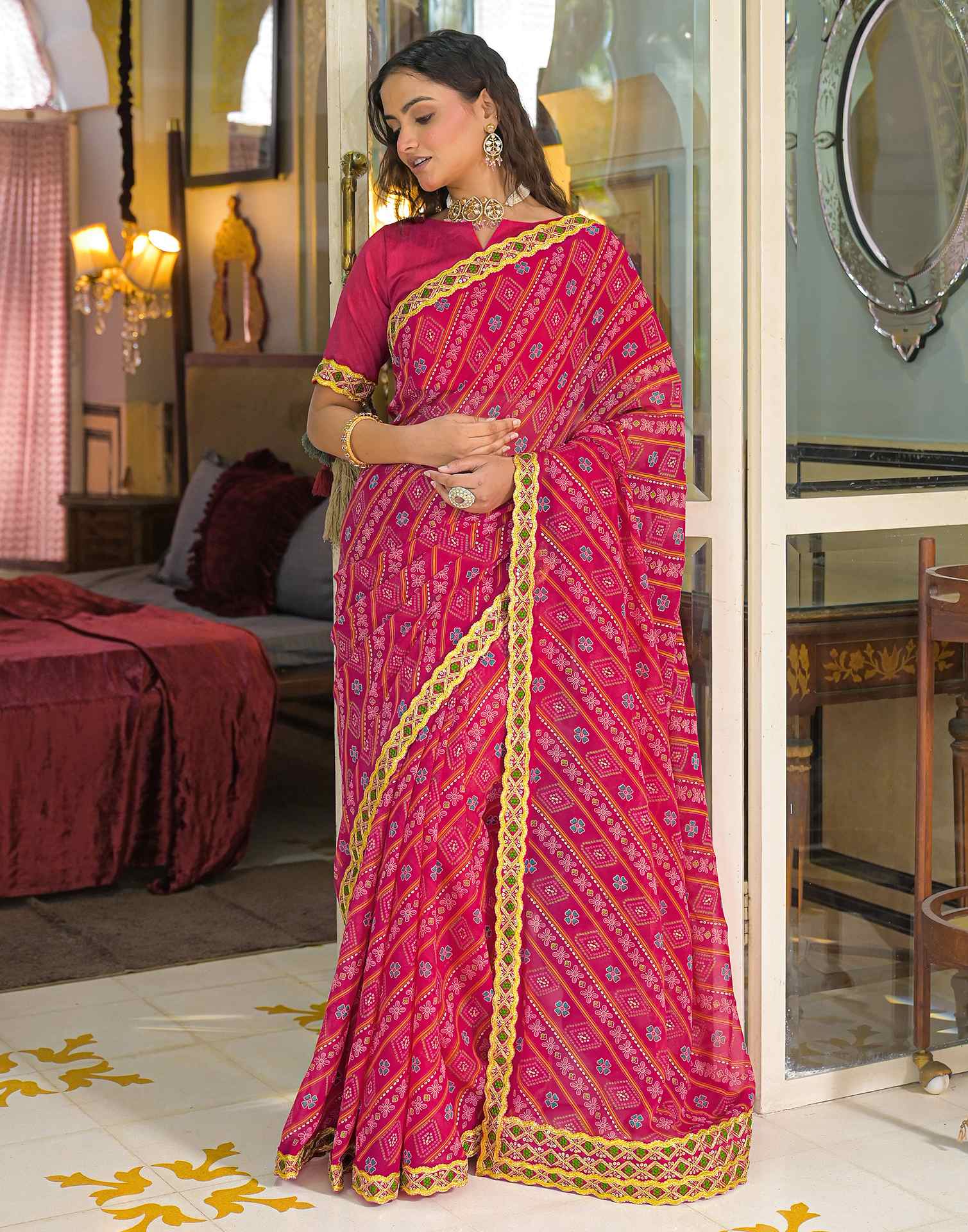 Dark Pink Georgette Bandhani Printed Lace Saree