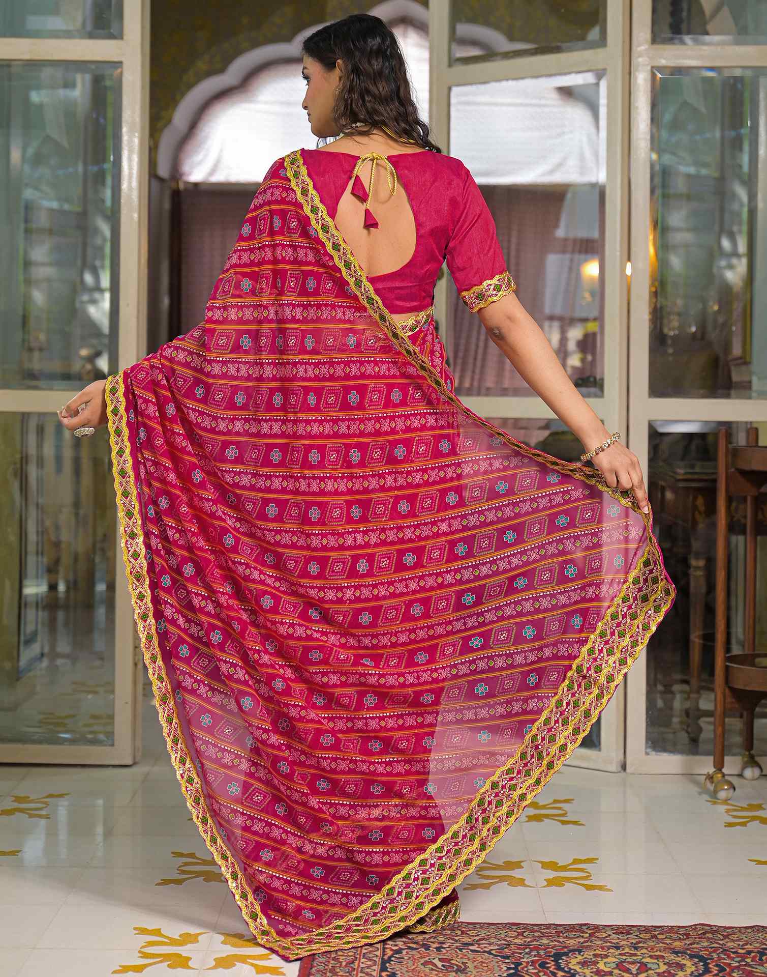 Dark Pink Georgette Bandhani Printed Lace Saree