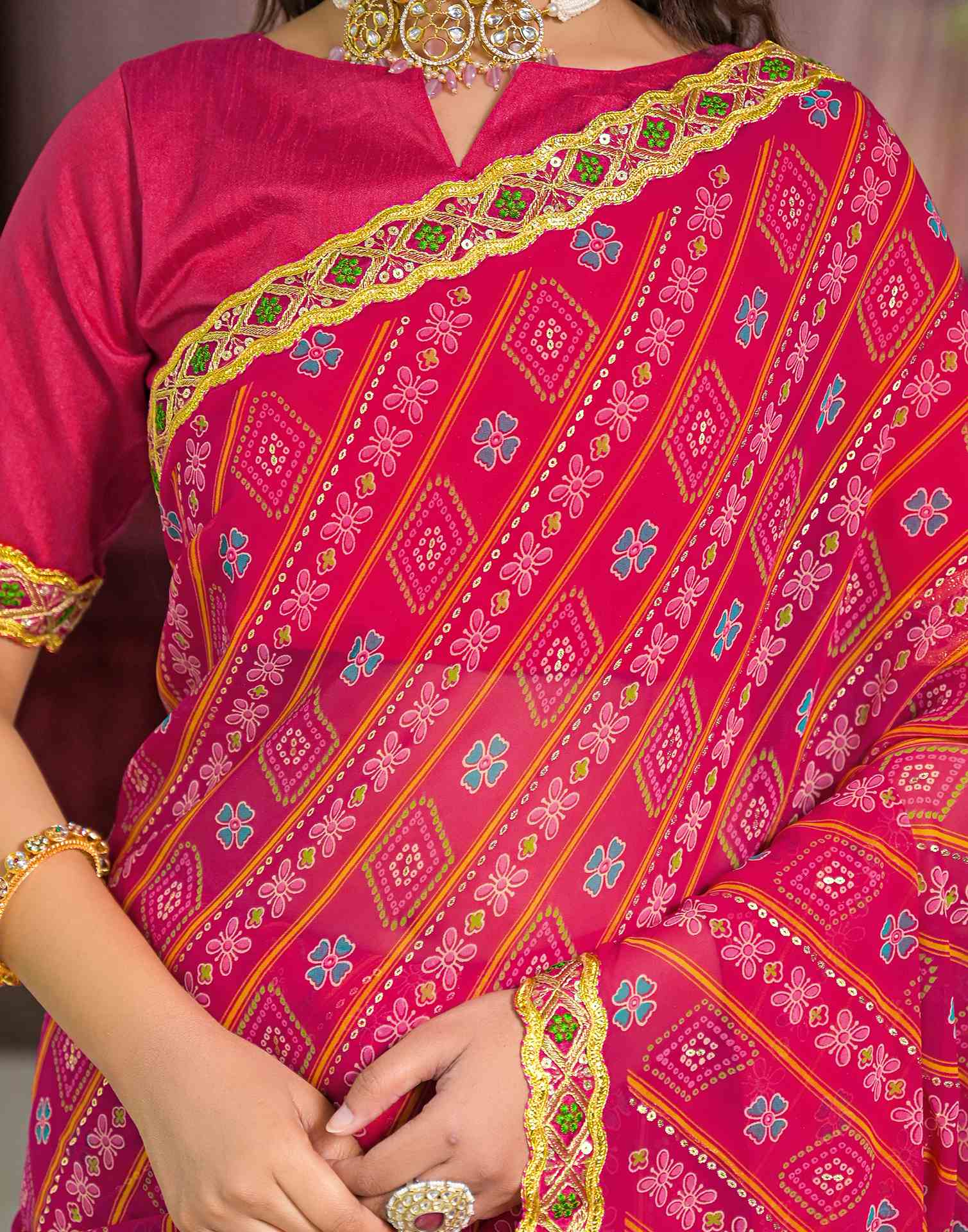 Dark Pink Georgette Bandhani Printed Lace Saree