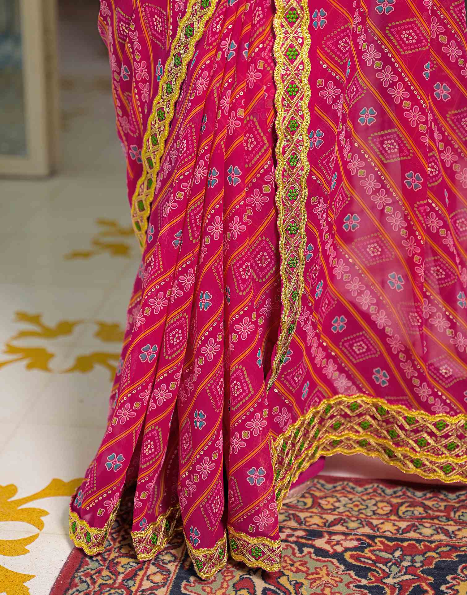 Dark Pink Georgette Bandhani Printed Lace Saree