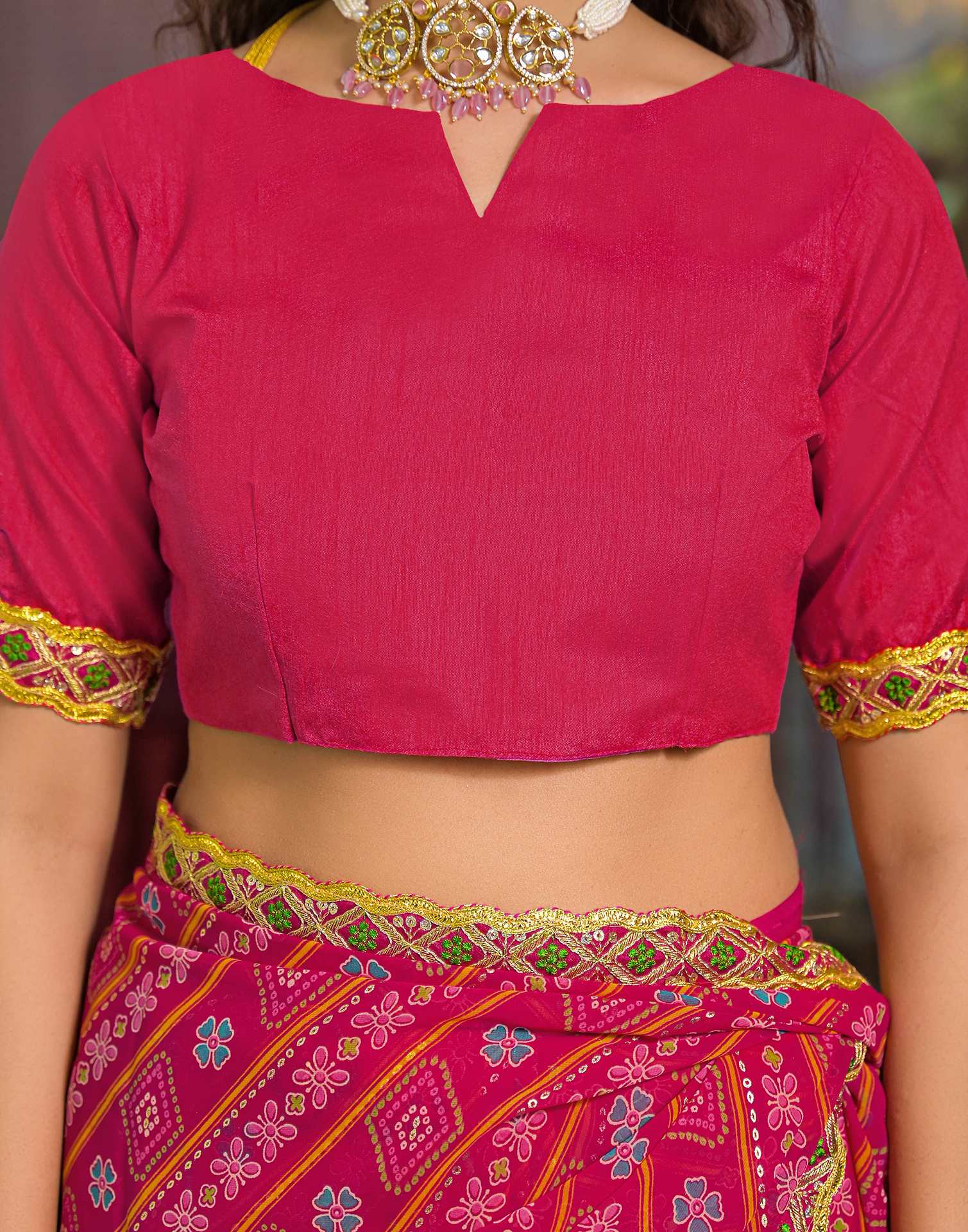 Dark Pink Georgette Bandhani Printed Lace Saree